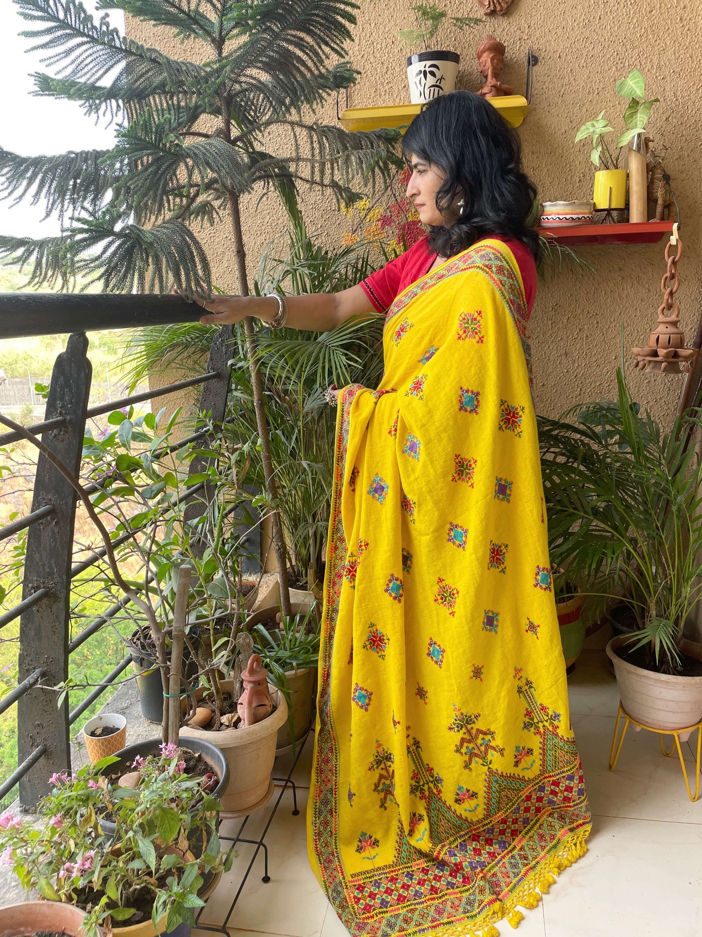 Soof Embroidery Kala cotton yellow saree