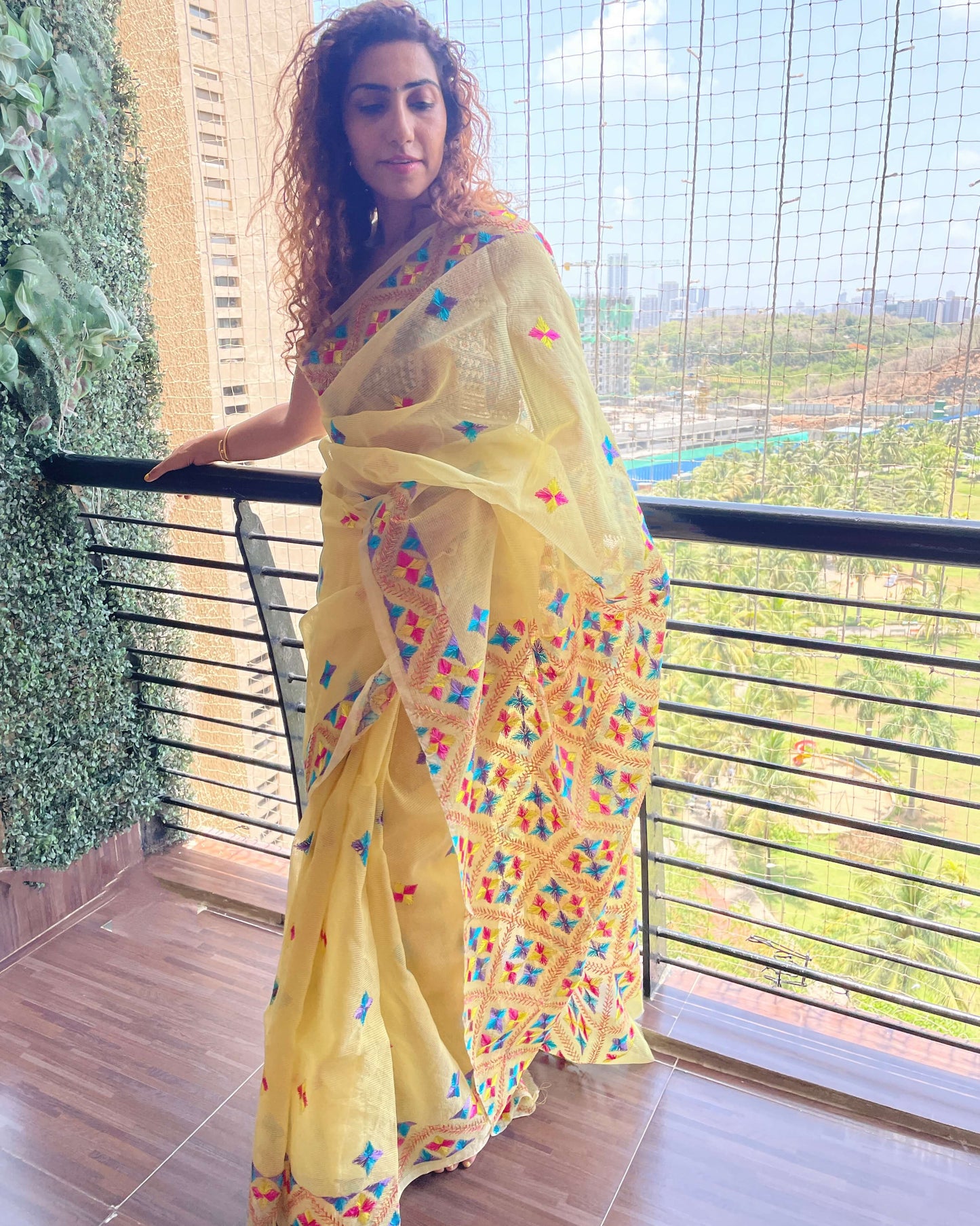 Sunshine Yellow Phulkari embroidery Saree