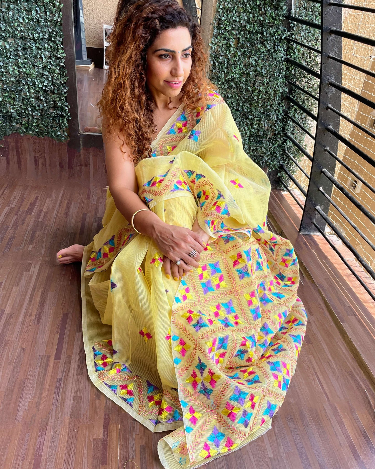 Sunshine Yellow Phulkari embroidery Saree