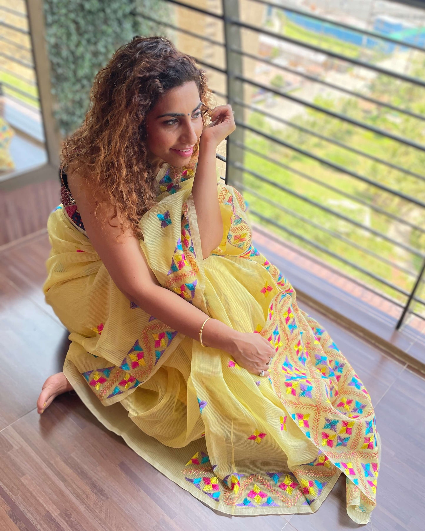 Sunshine Yellow Phulkari embroidery Saree