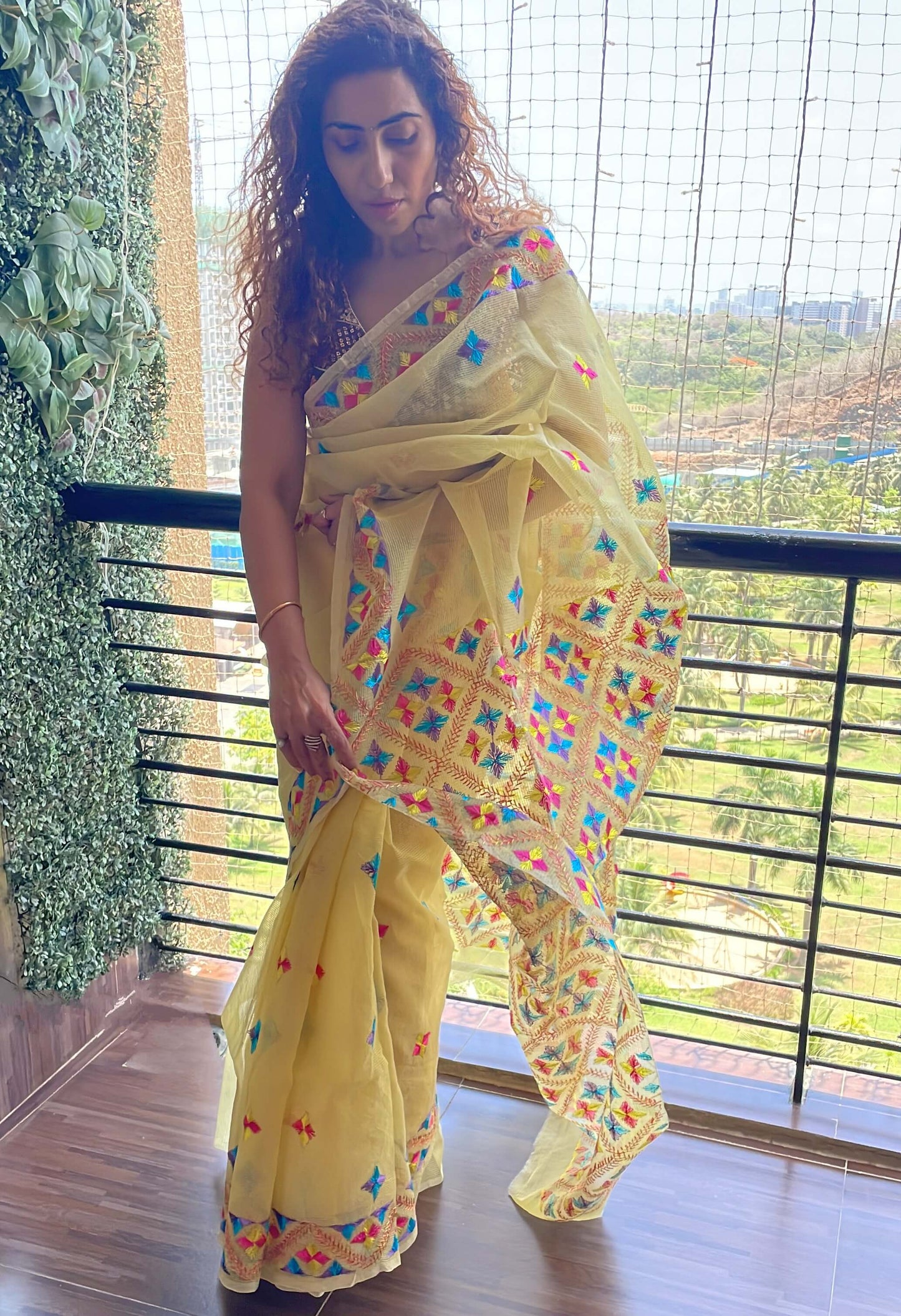 Sunshine Yellow Phulkari embroidery Saree