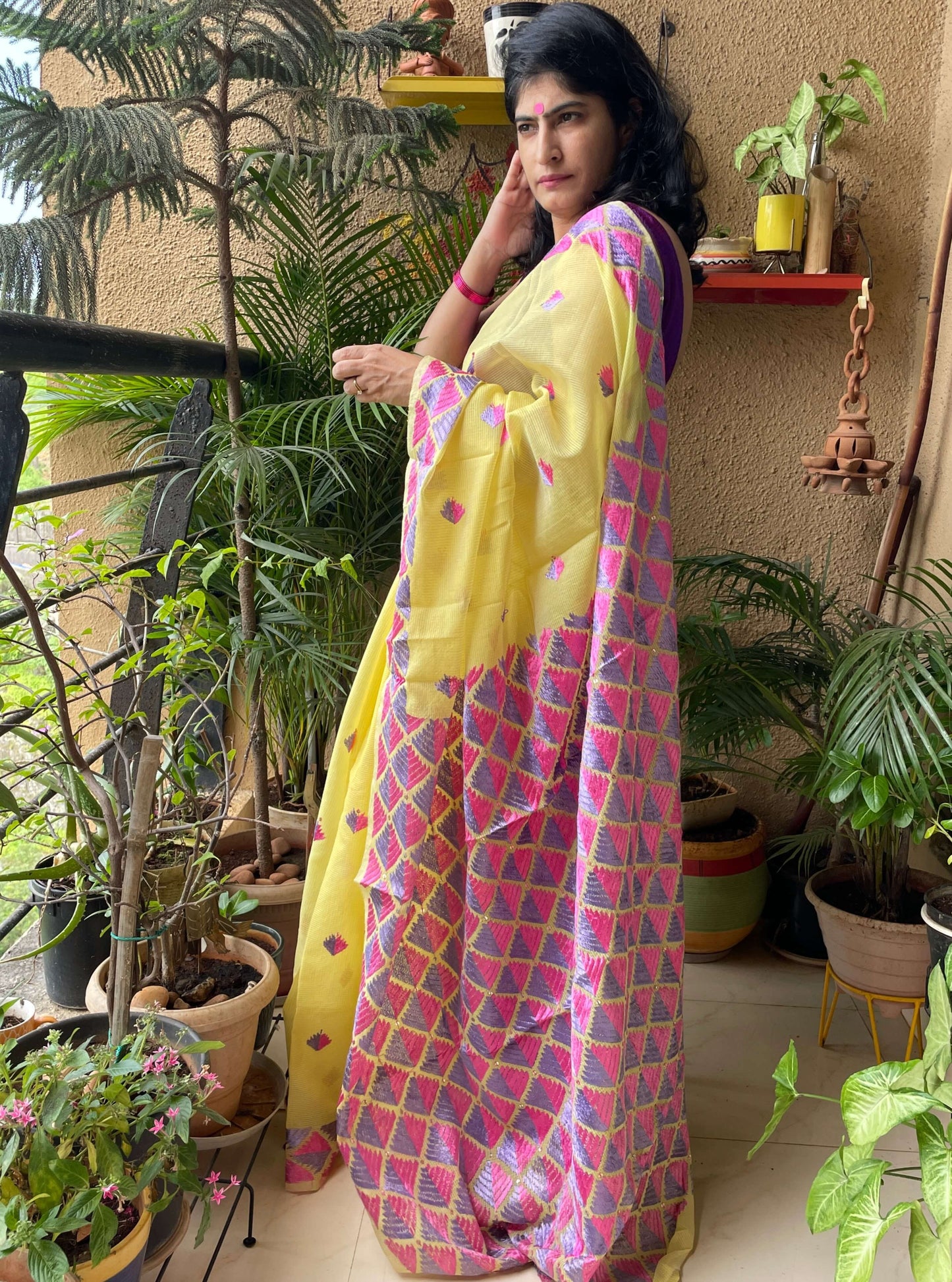 Yellow Phulkari embroidery Saree