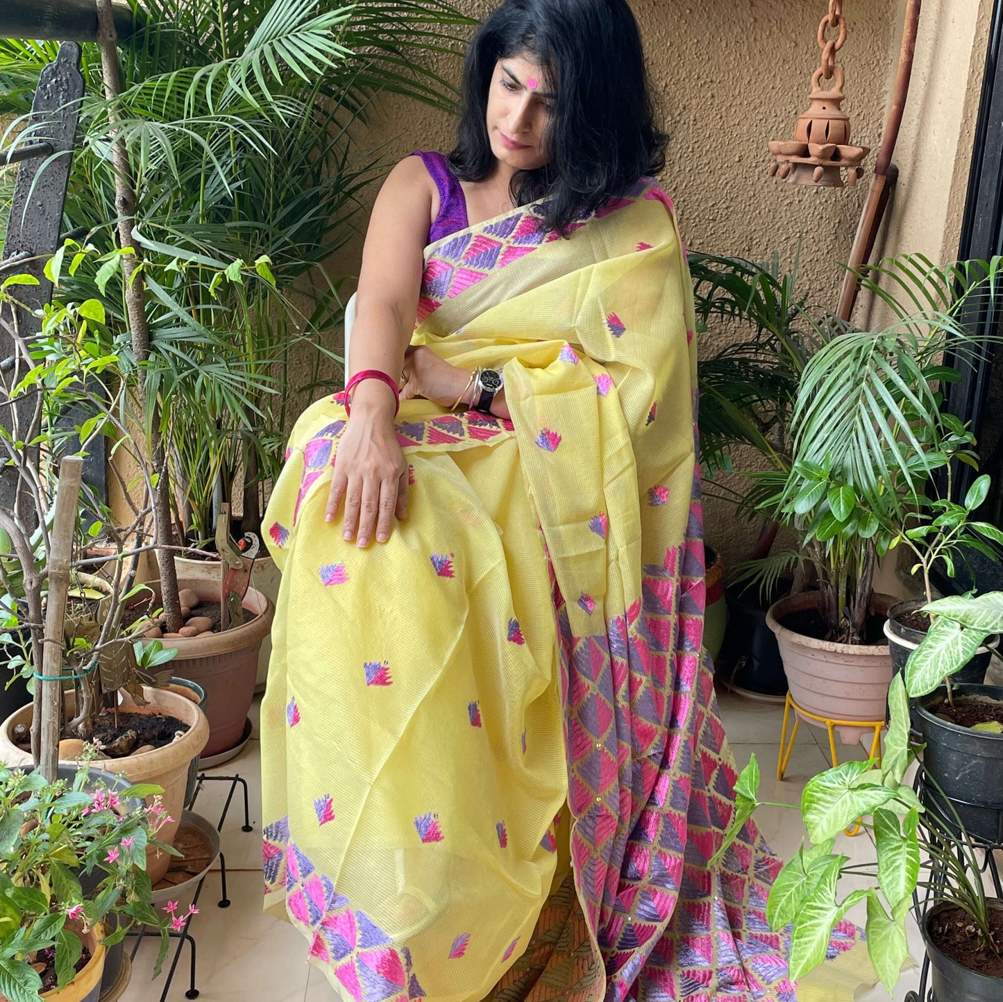 Yellow Phulkari embroidery Saree