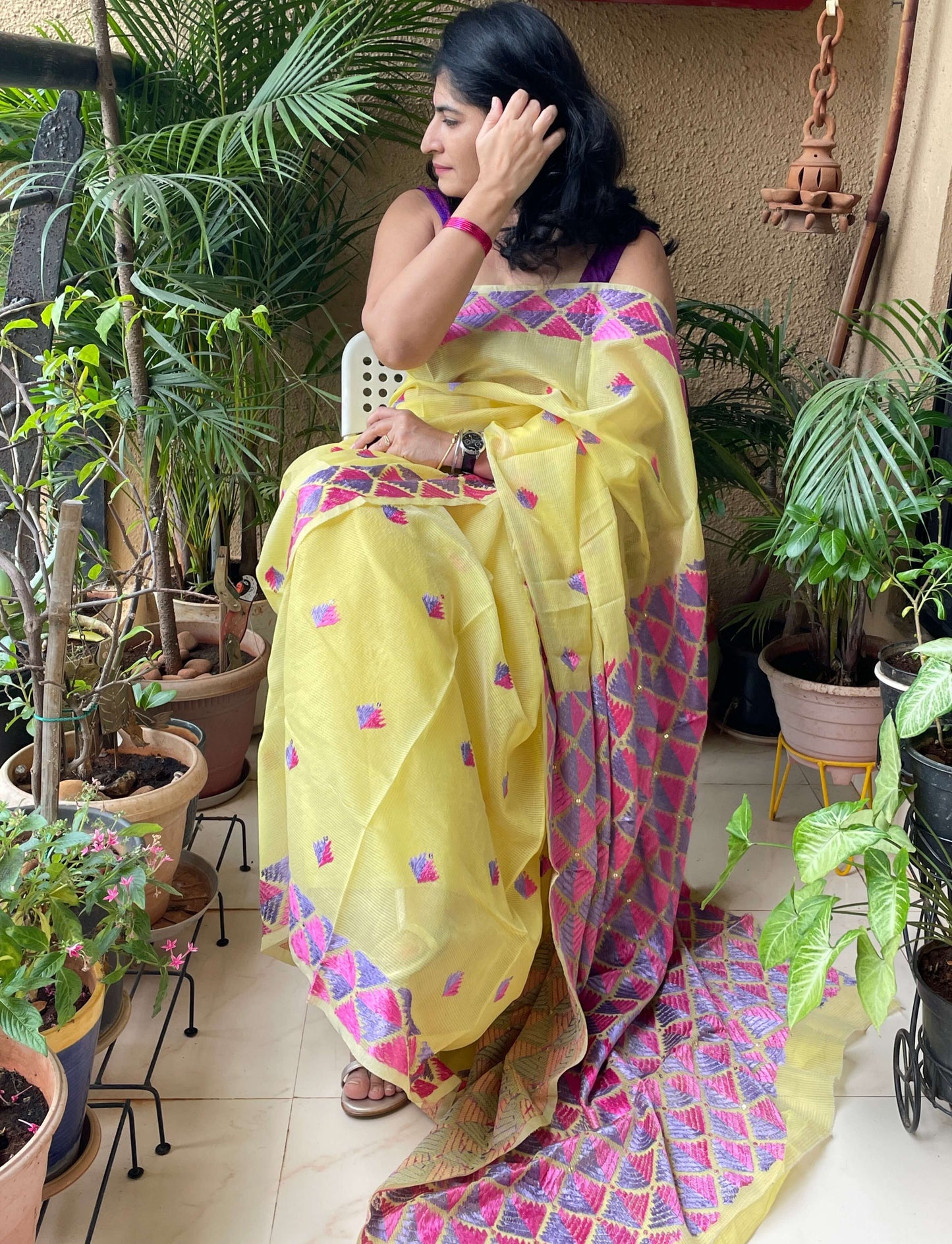 Yellow Phulkari embroidery Saree