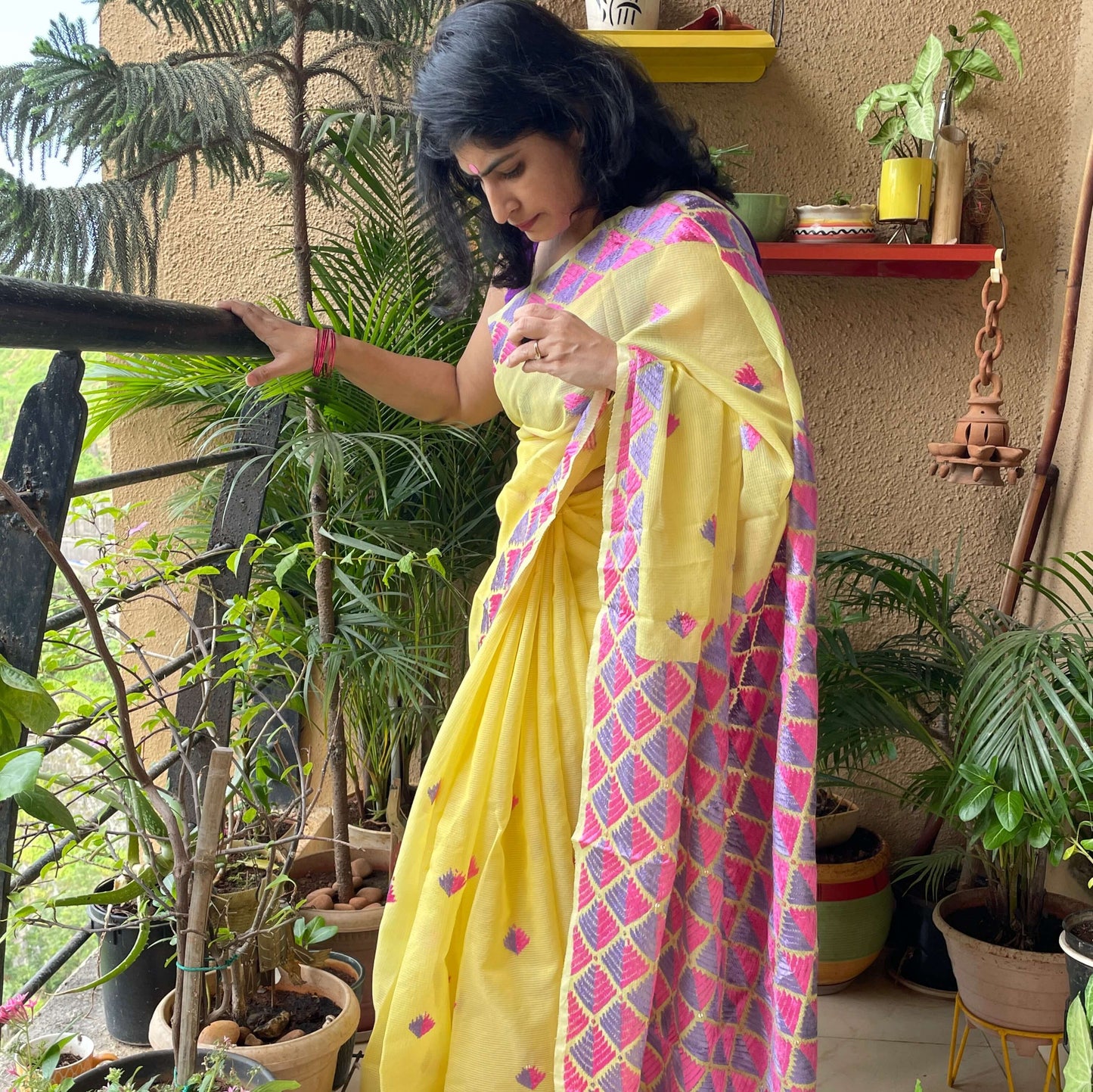 Yellow Phulkari embroidery Saree