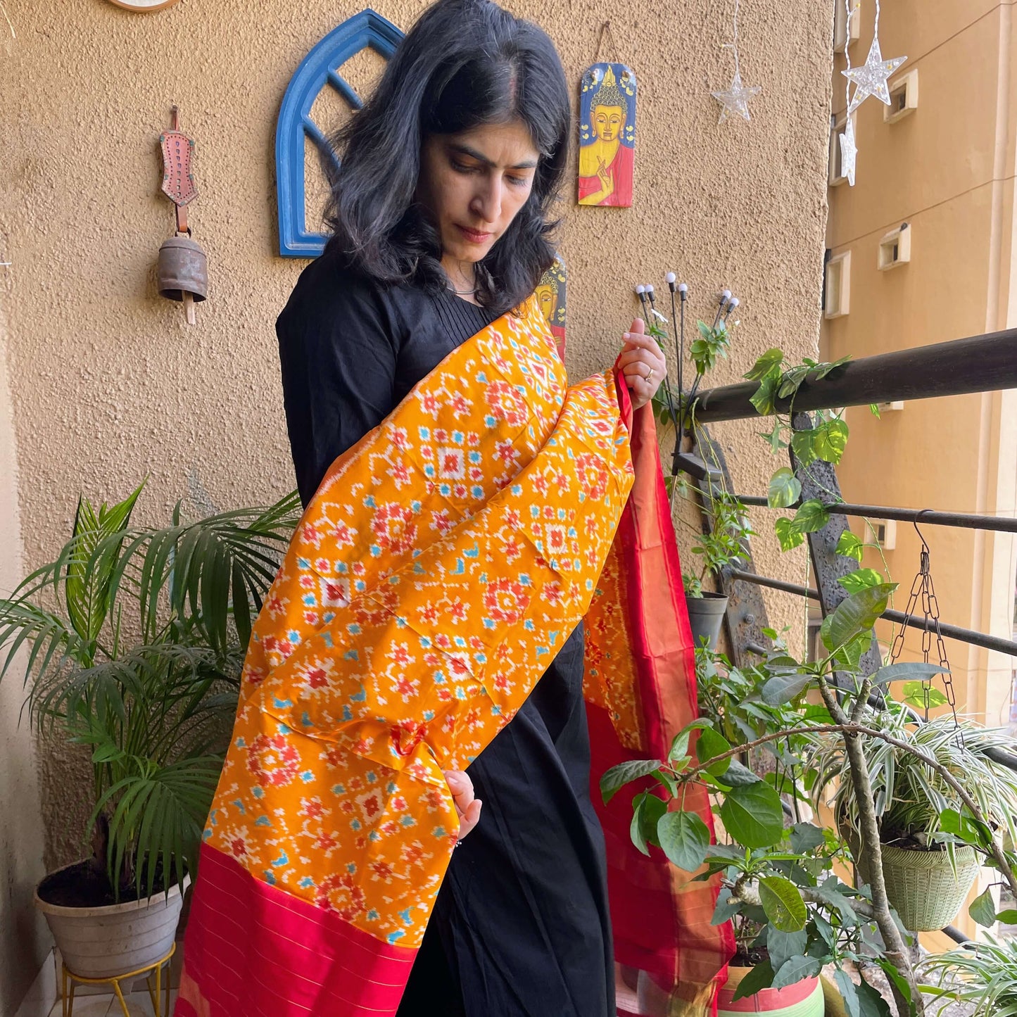 yellow silk ikat dupatta pochampally