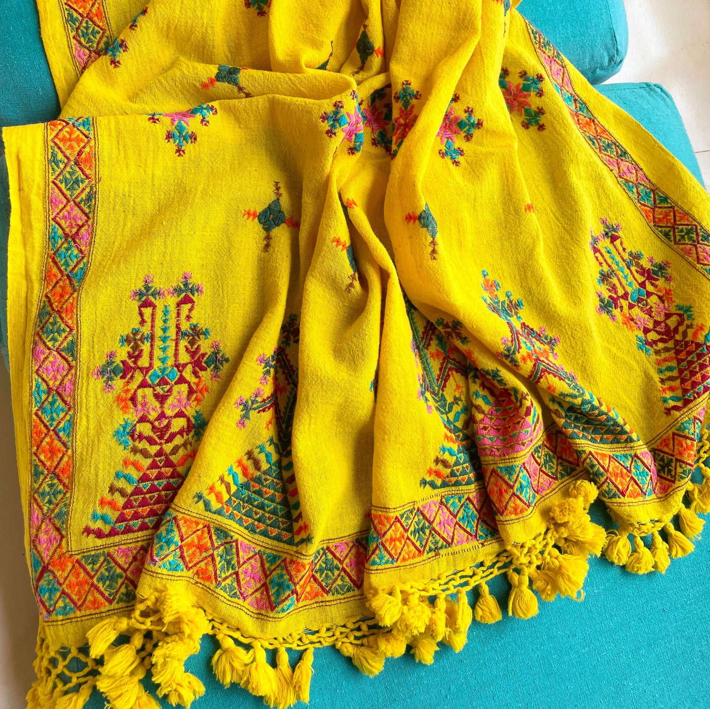 Soof Embroidery Kala cotton yellow saree