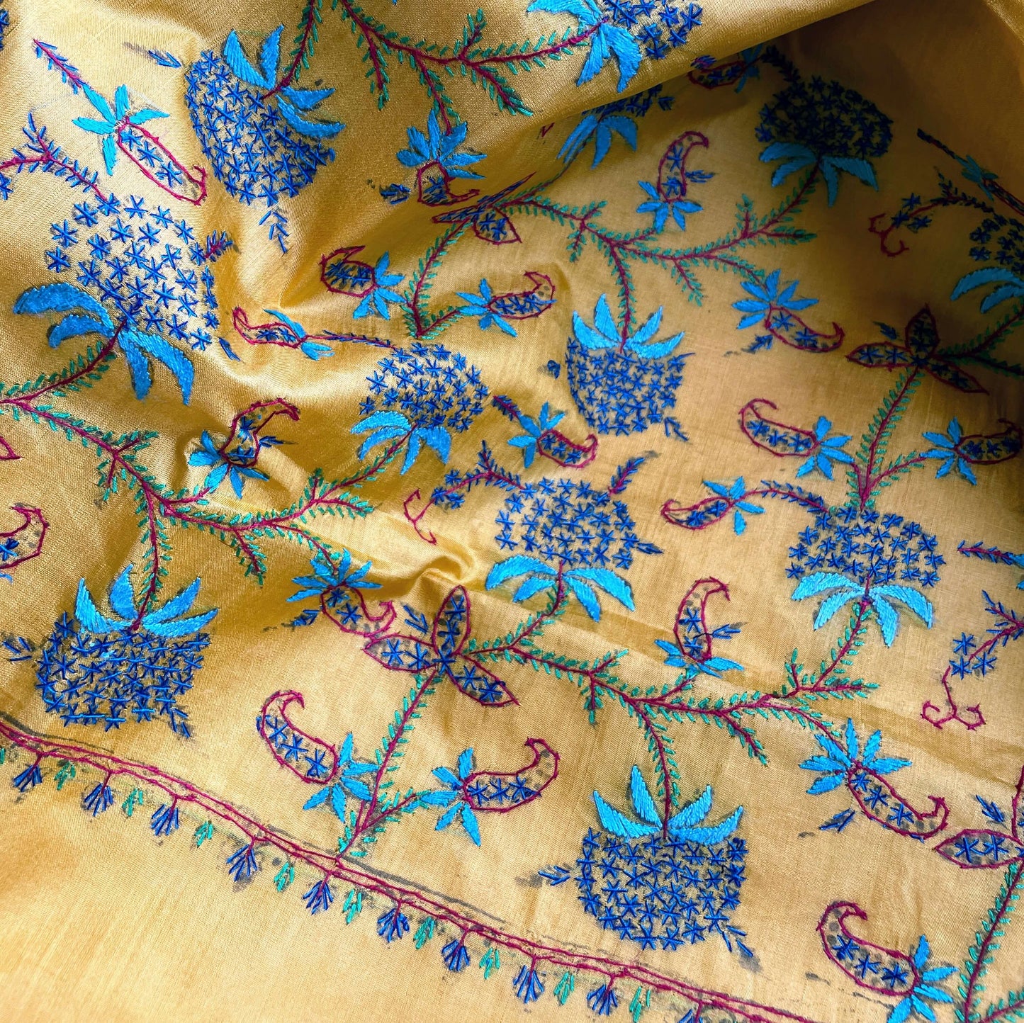 Yellow Silk Sozni kashmiri saree