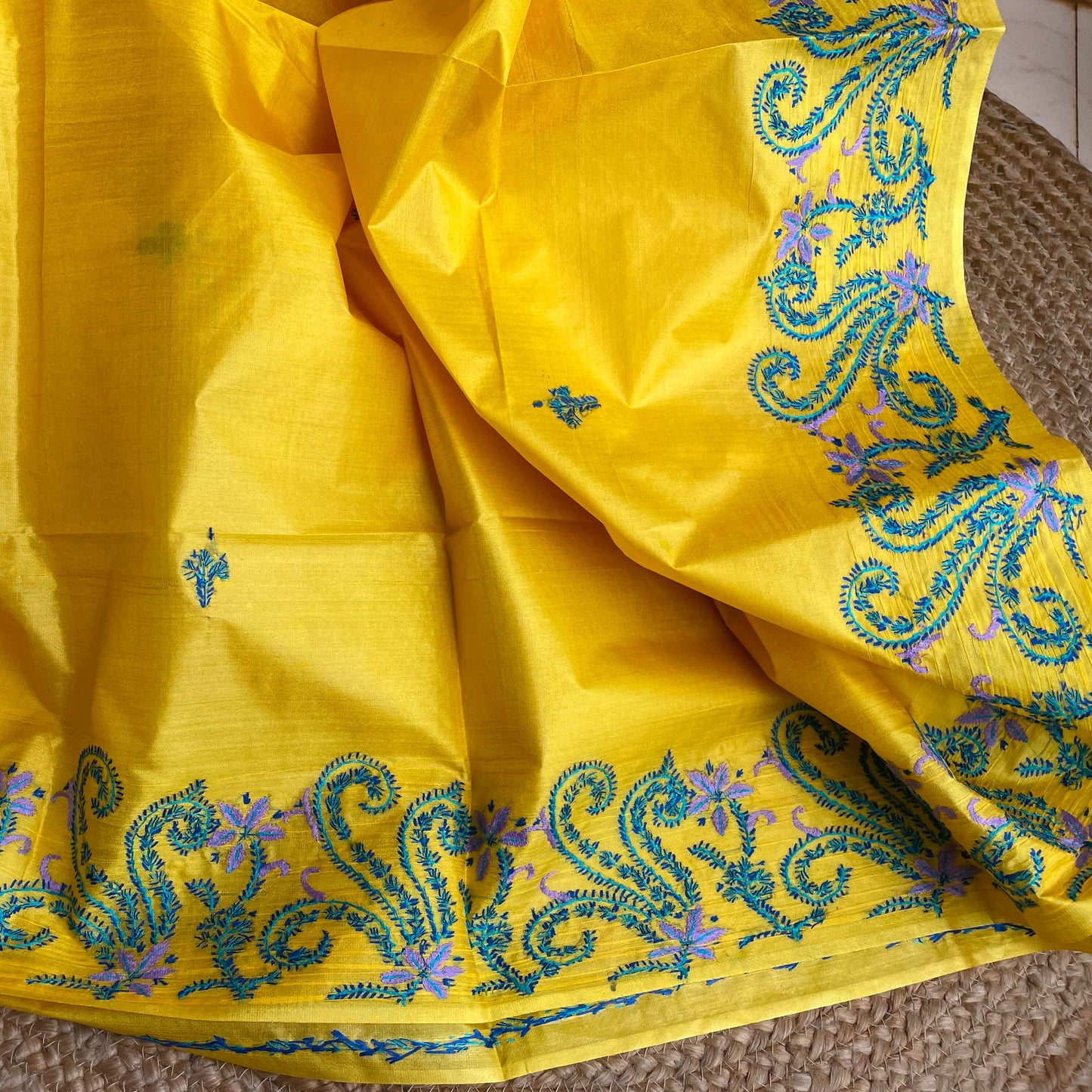 yellow silk sozni saree