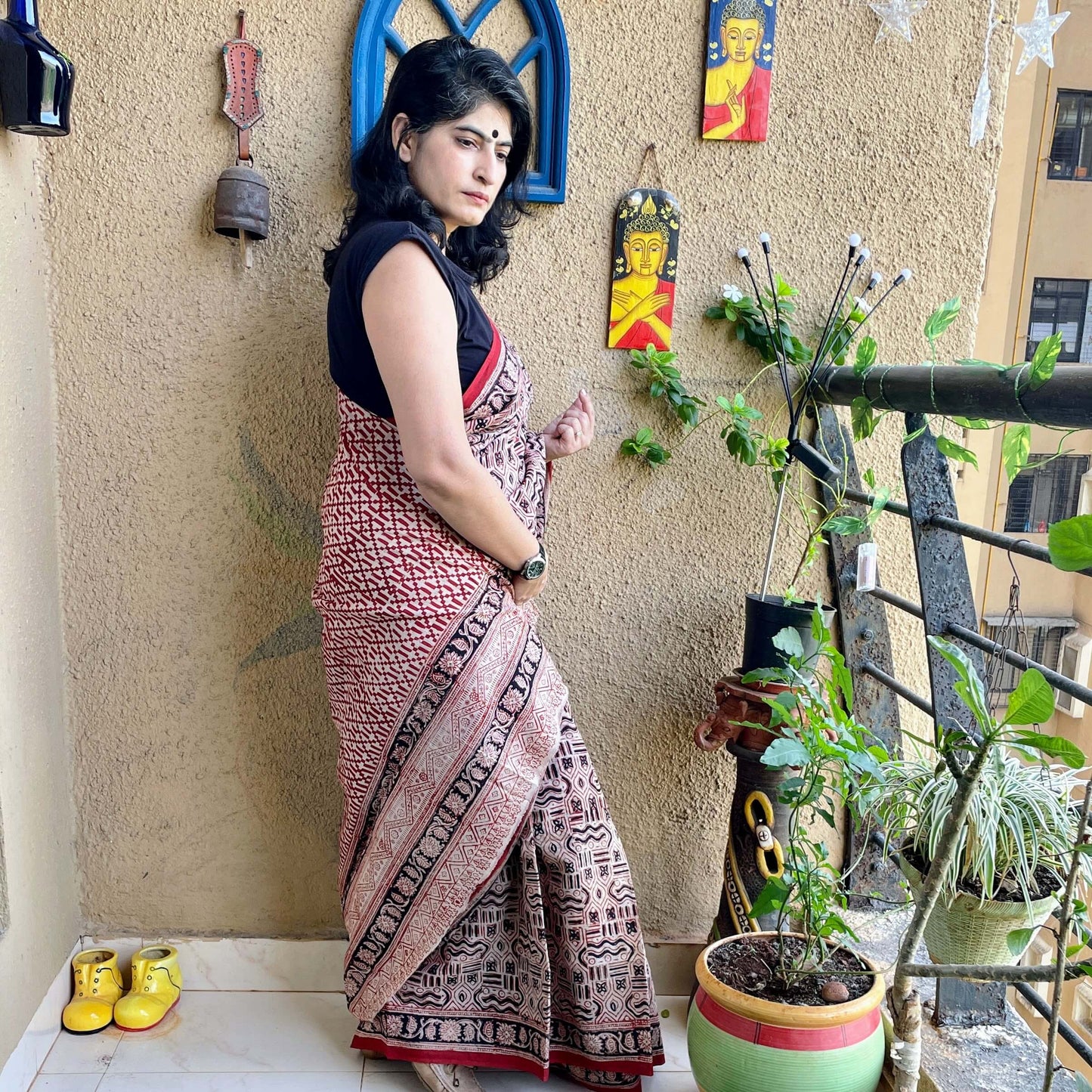 zig zag  block print Cotton sari