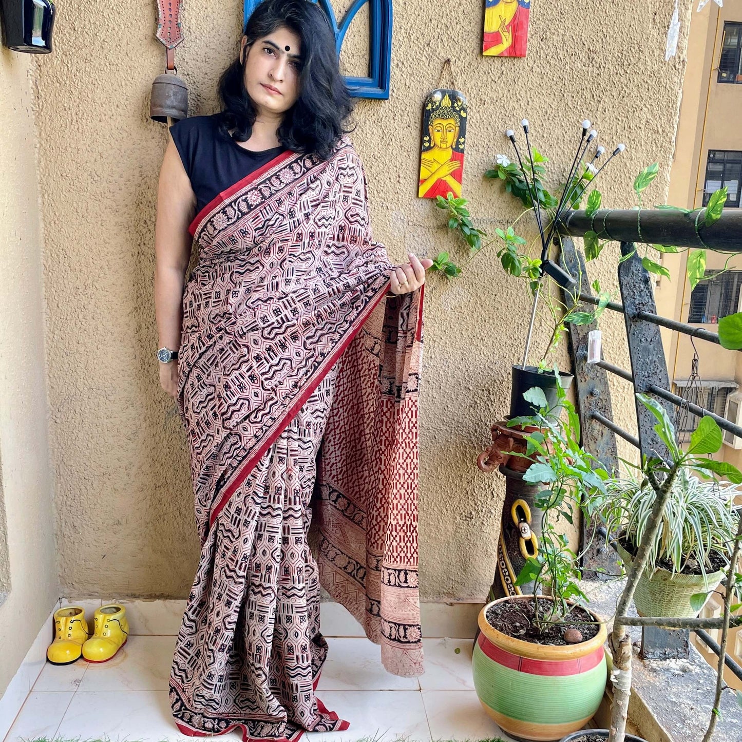 zig zag  block print Cotton sari