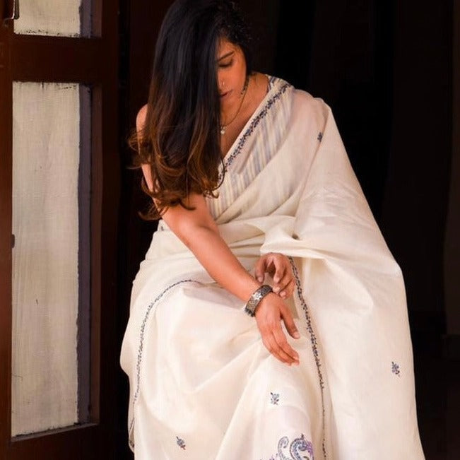 White Silk Sozni with blue blouse