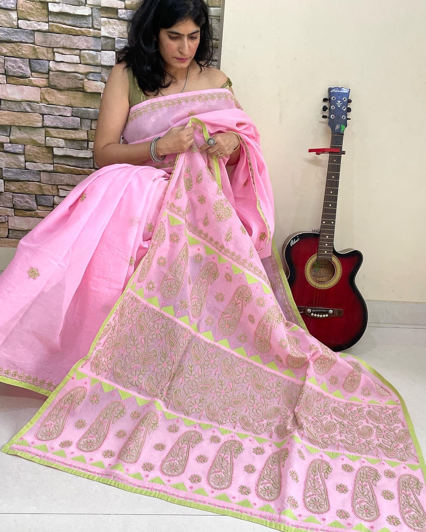 Pink Green chikankari cotton