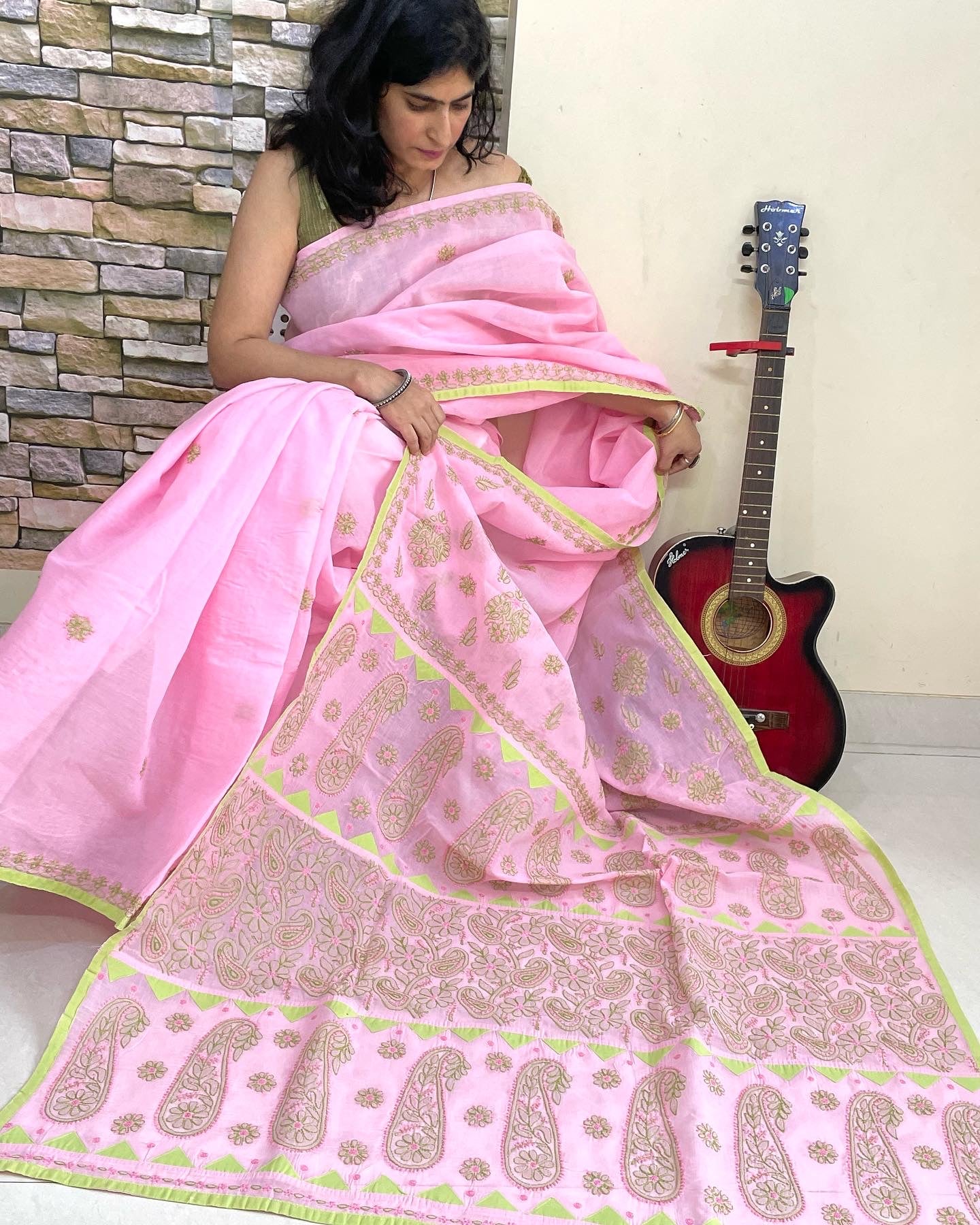 Pink Green chikankari cotton