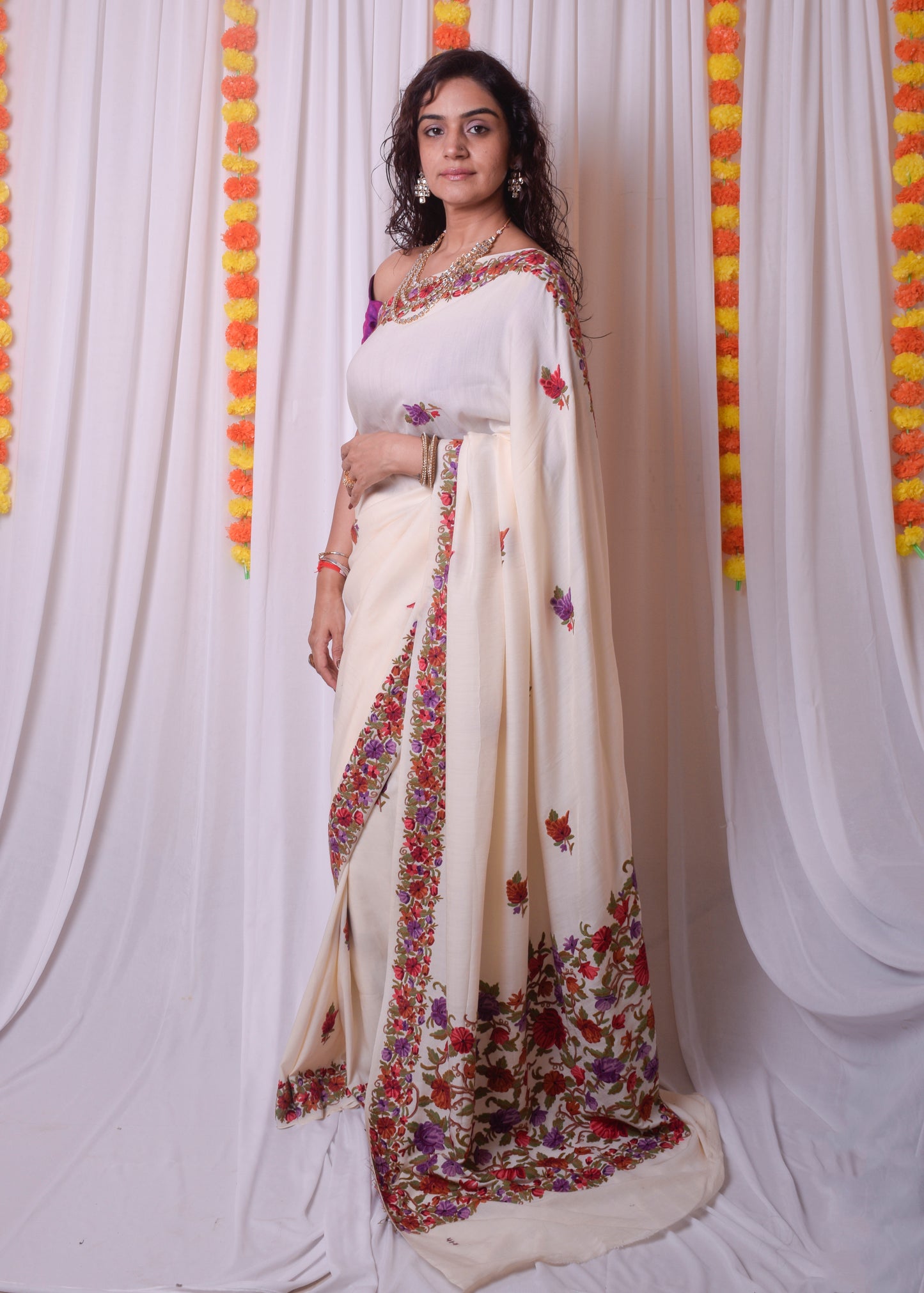 Off white Aari work kashmiri saree