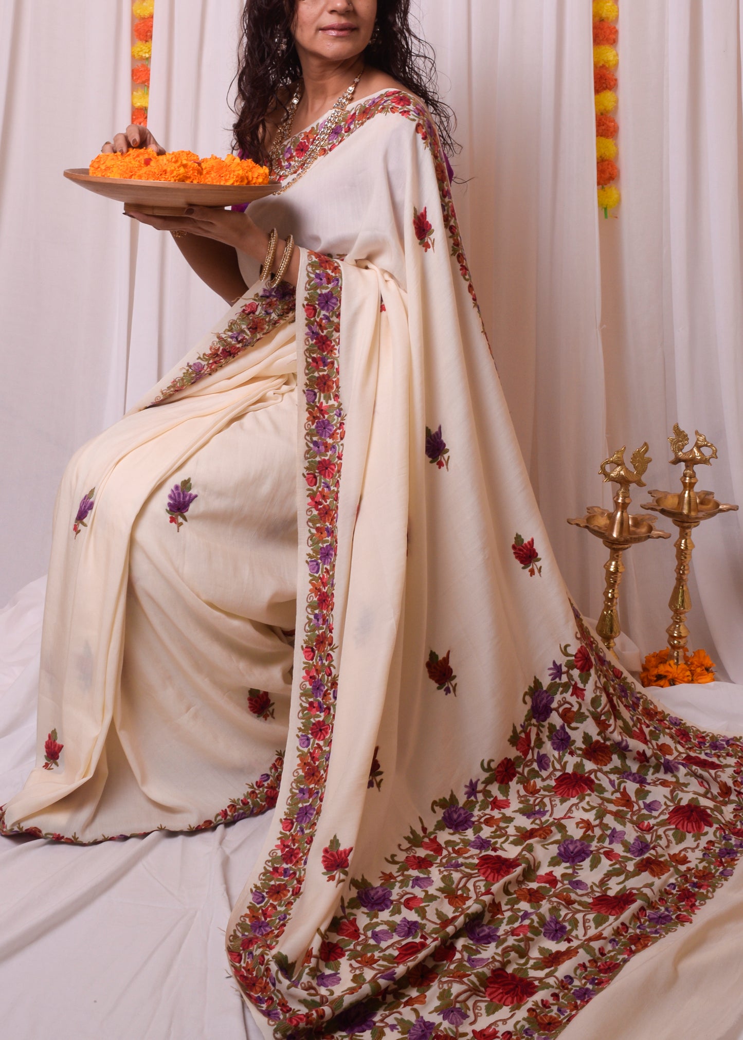 Off white Aari work kashmiri saree