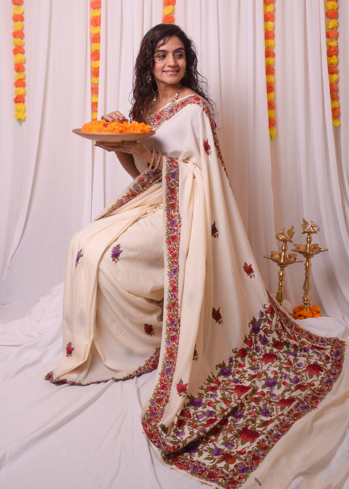 Off white Aari work kashmiri saree