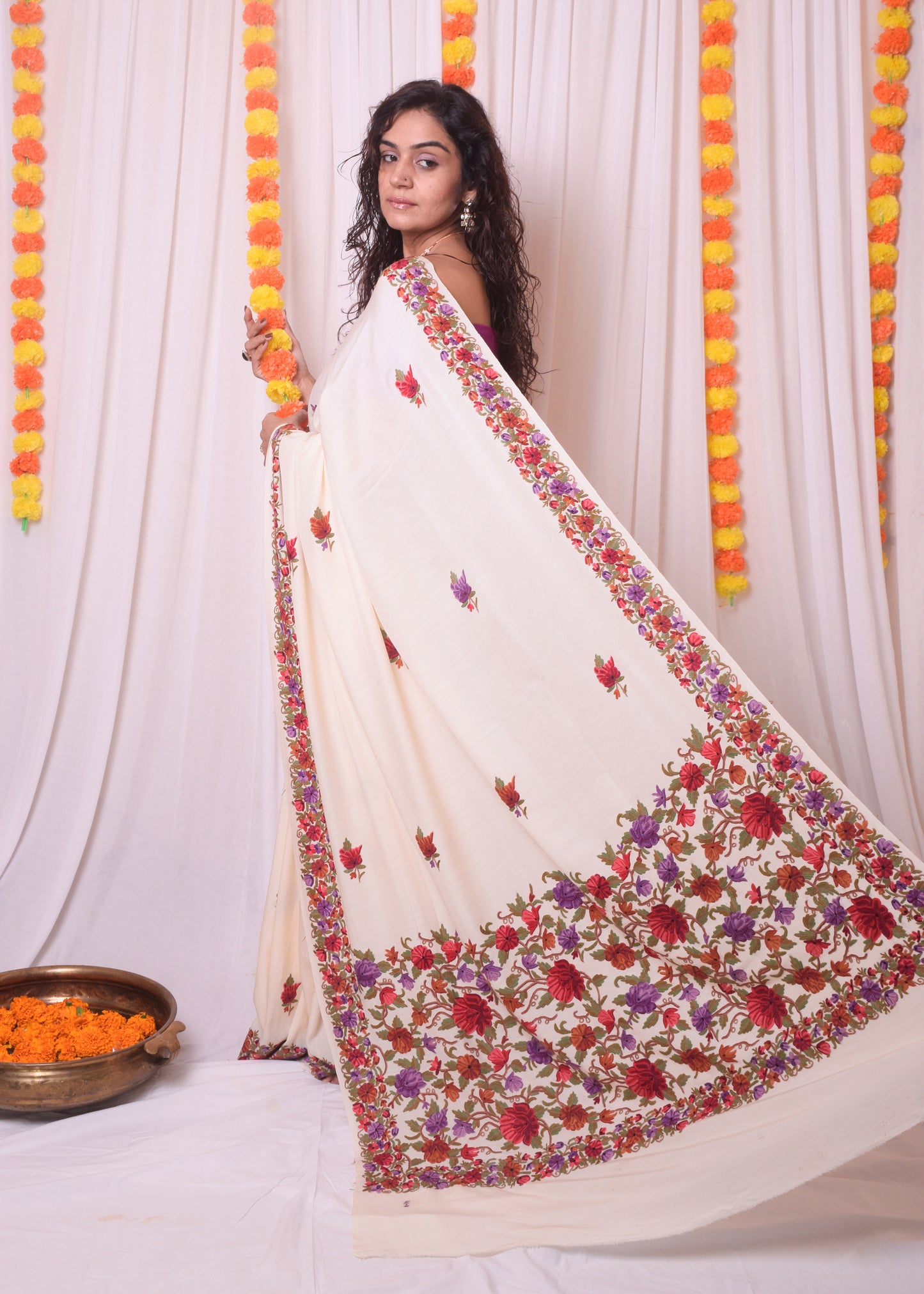 Off white Aari work kashmiri saree