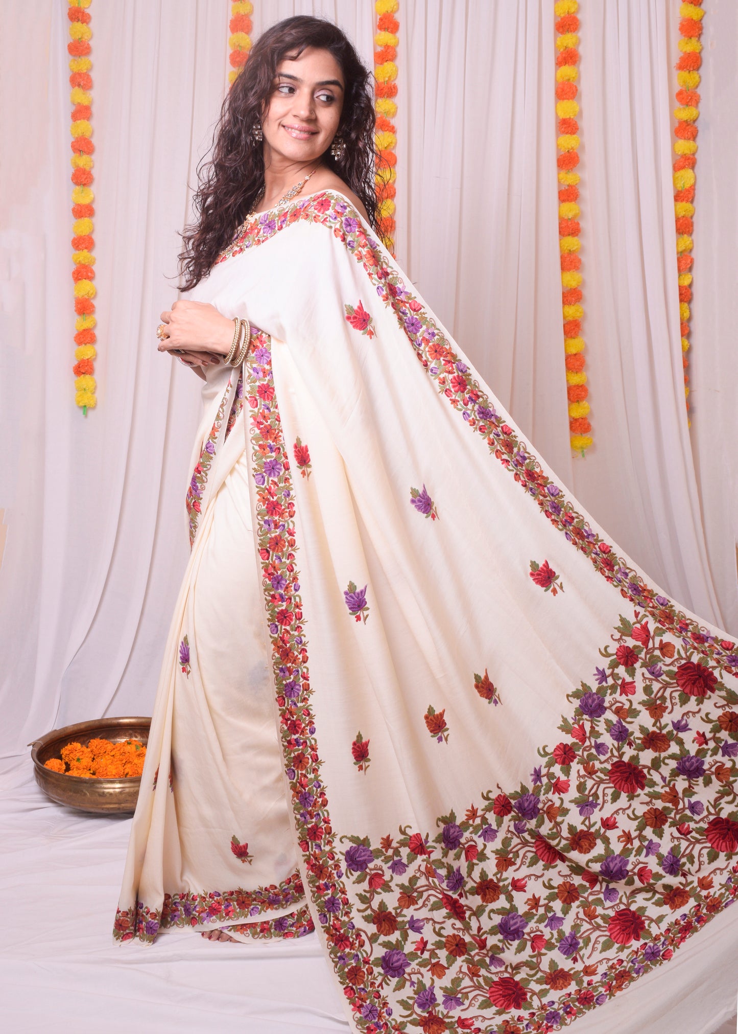 Off white Aari work kashmiri saree