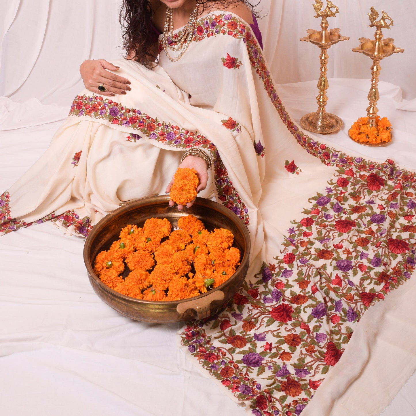 Off white Aari work kashmiri saree