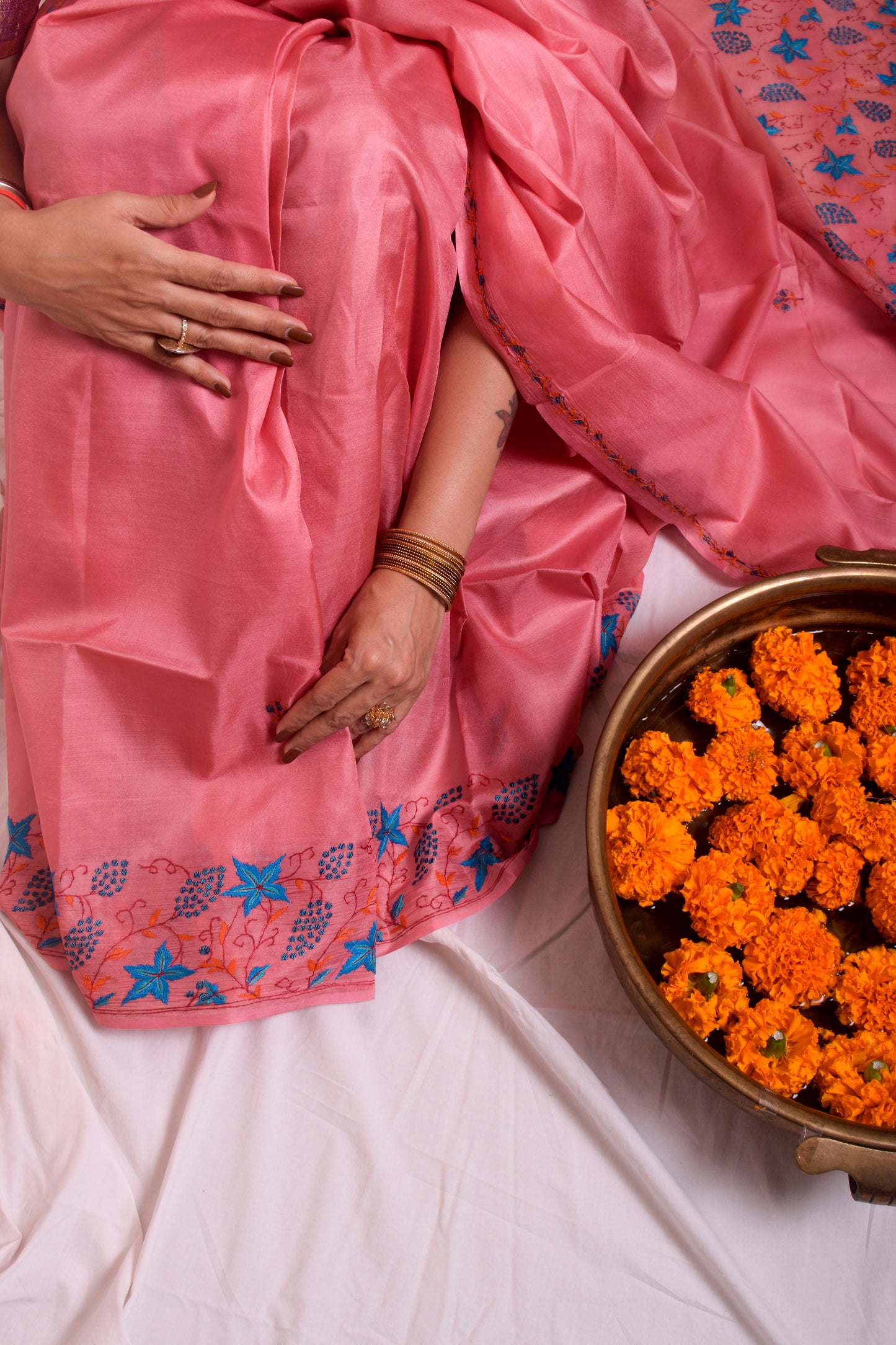 Pink sozni work kashmiri silk saree