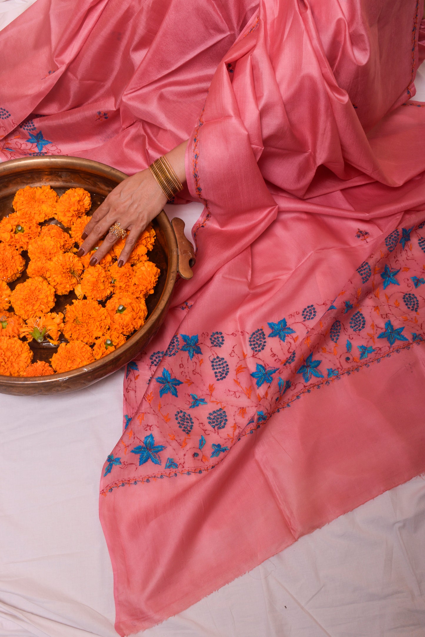 Pink sozni work kashmiri silk saree