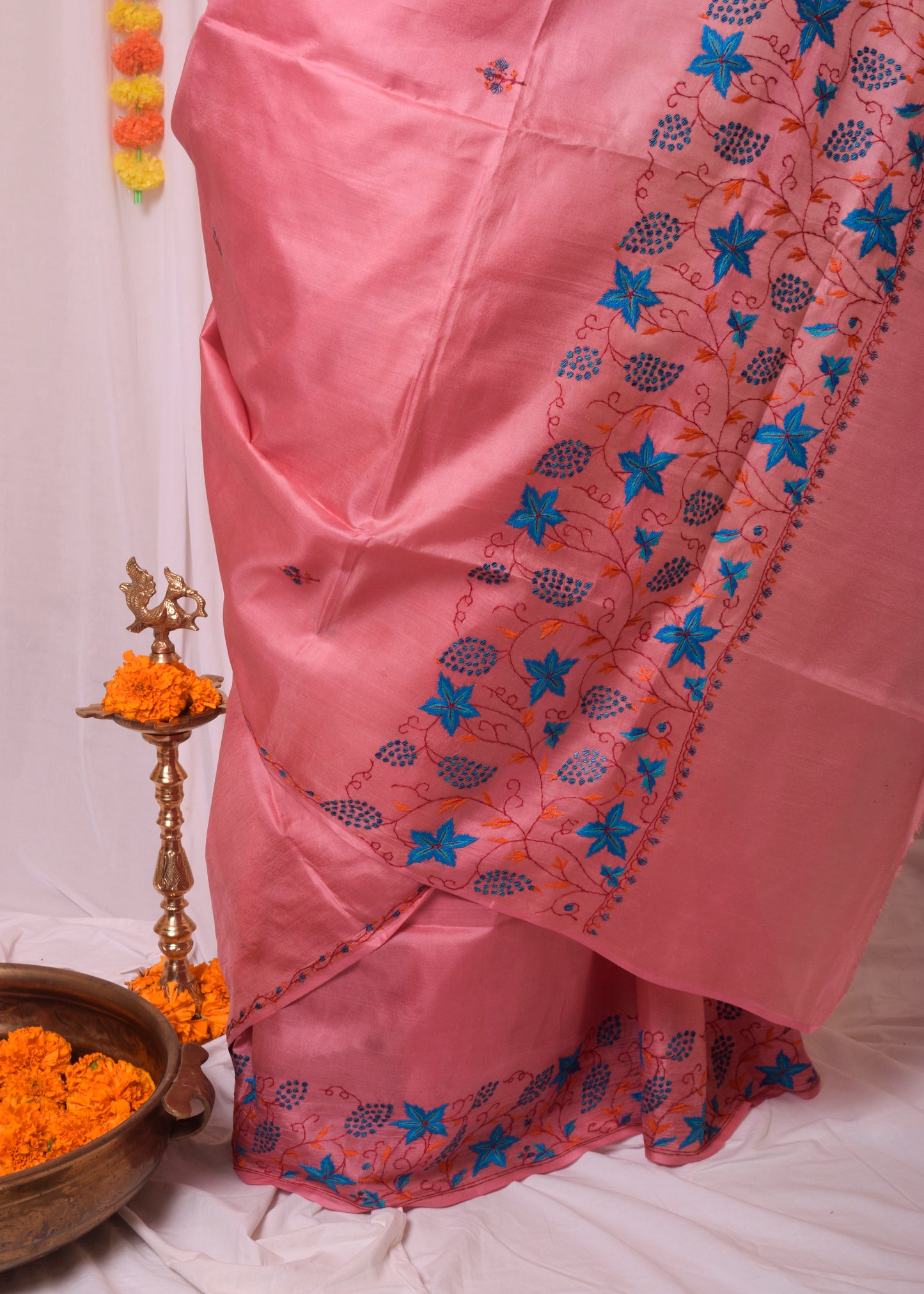 Pink sozni work kashmiri silk saree