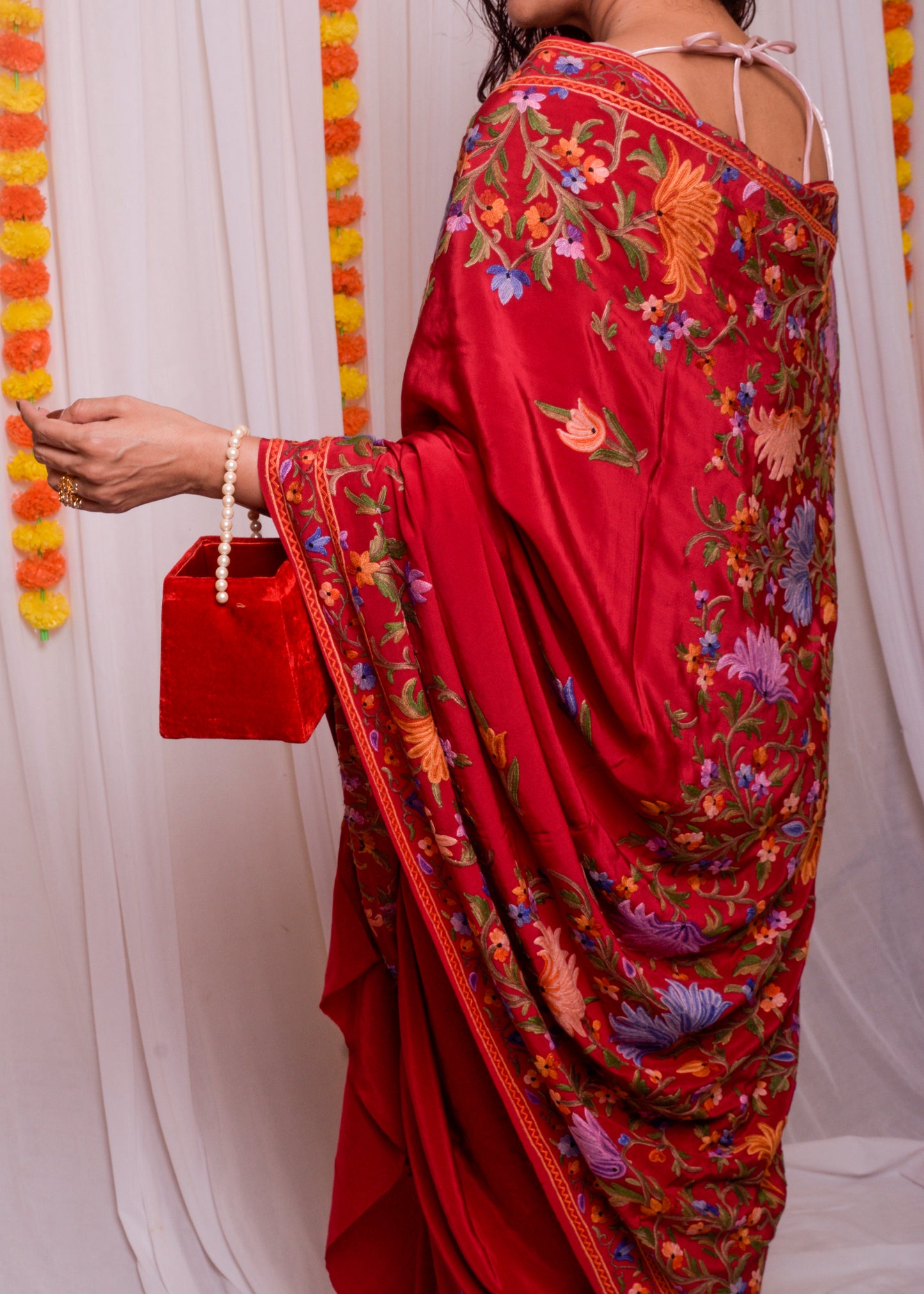 Red Aari work kashmiri Crepe saree