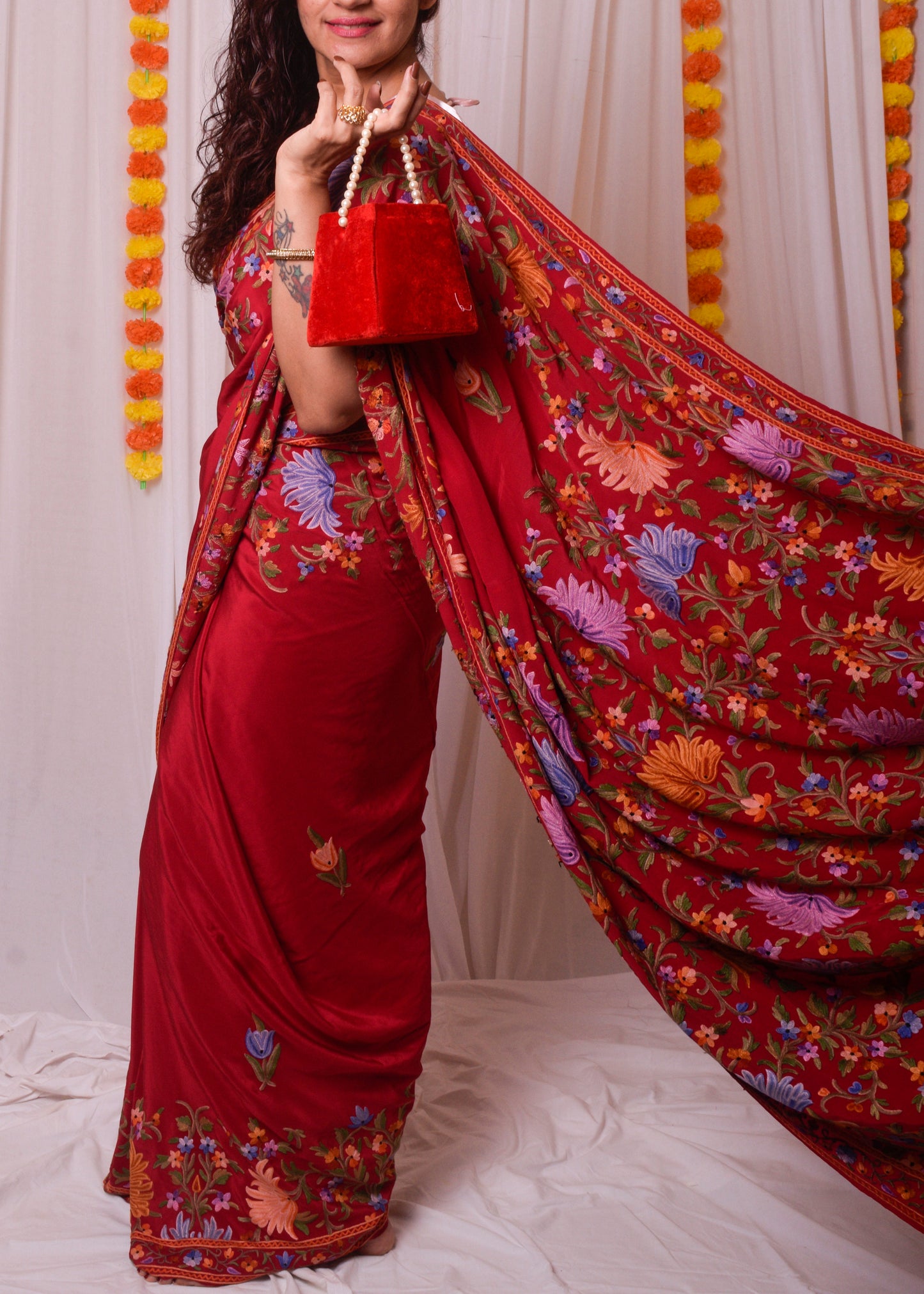 Red Aari work kashmiri Crepe saree