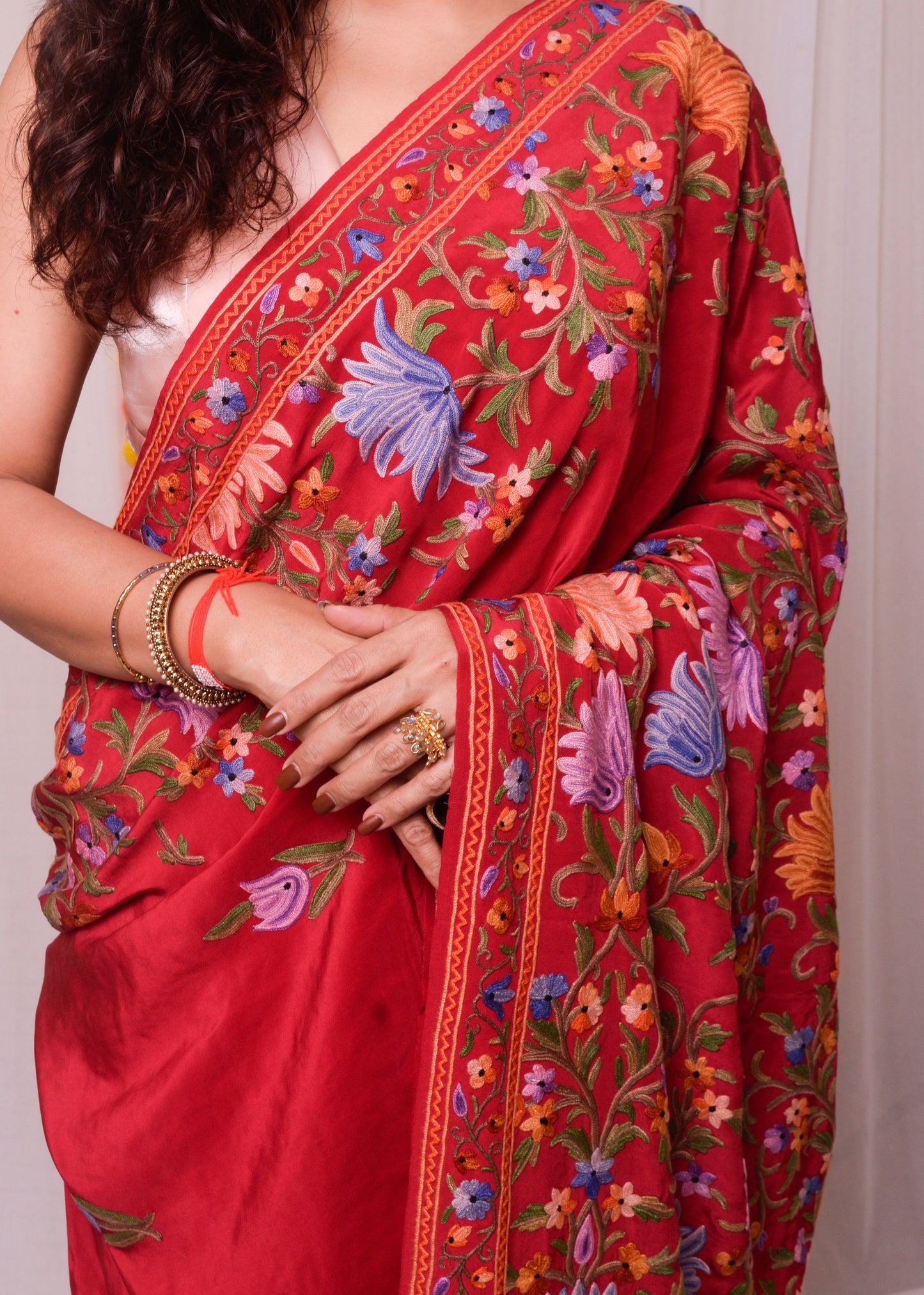 Red Aari work kashmiri Crepe saree