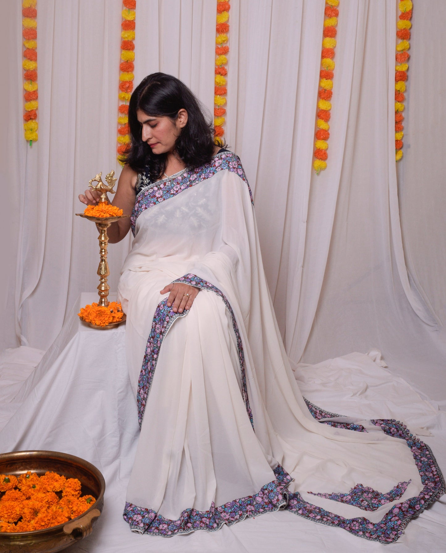 Ivory white Aari work kashmiri saree