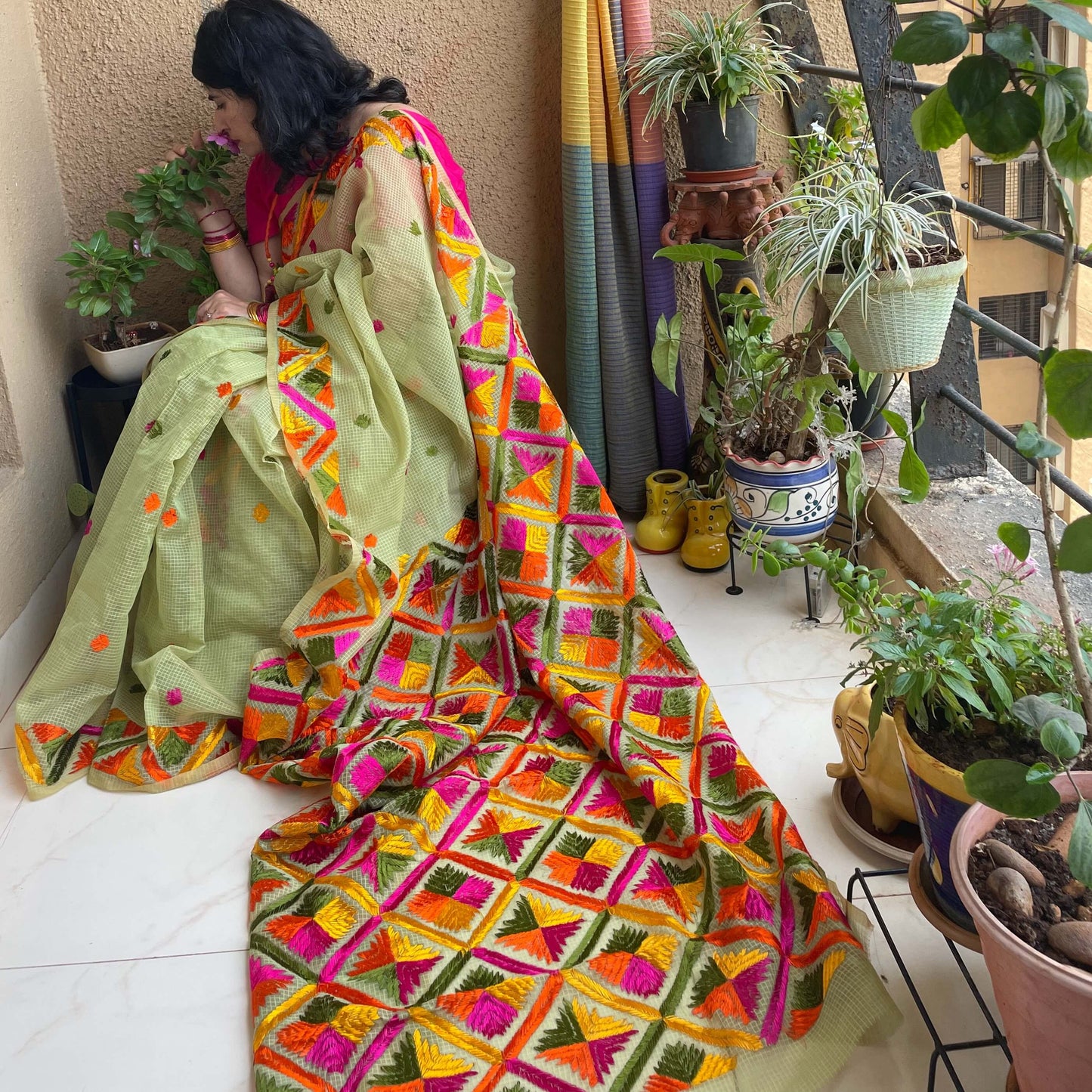 Green Phulkari embroidery Saree