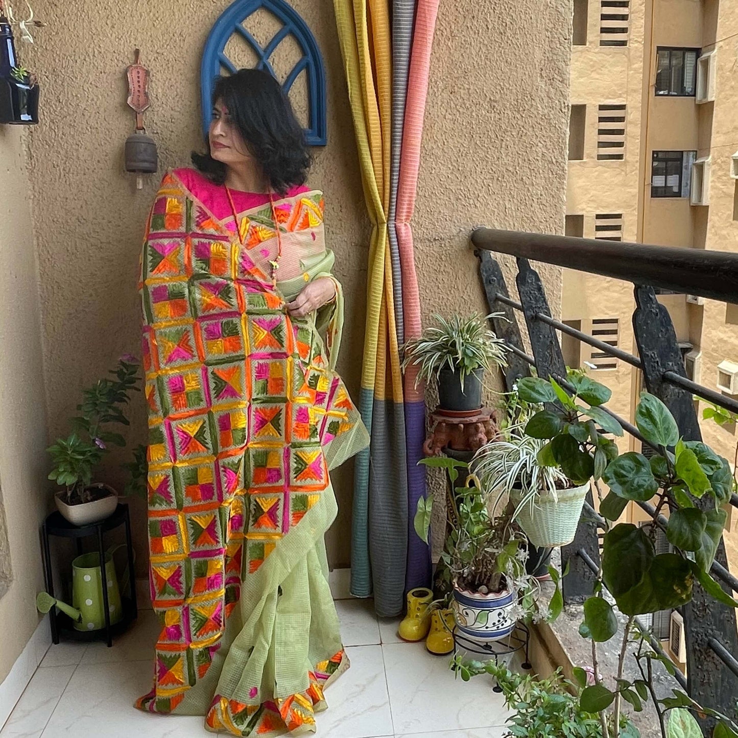 Green Phulkari embroidery Saree