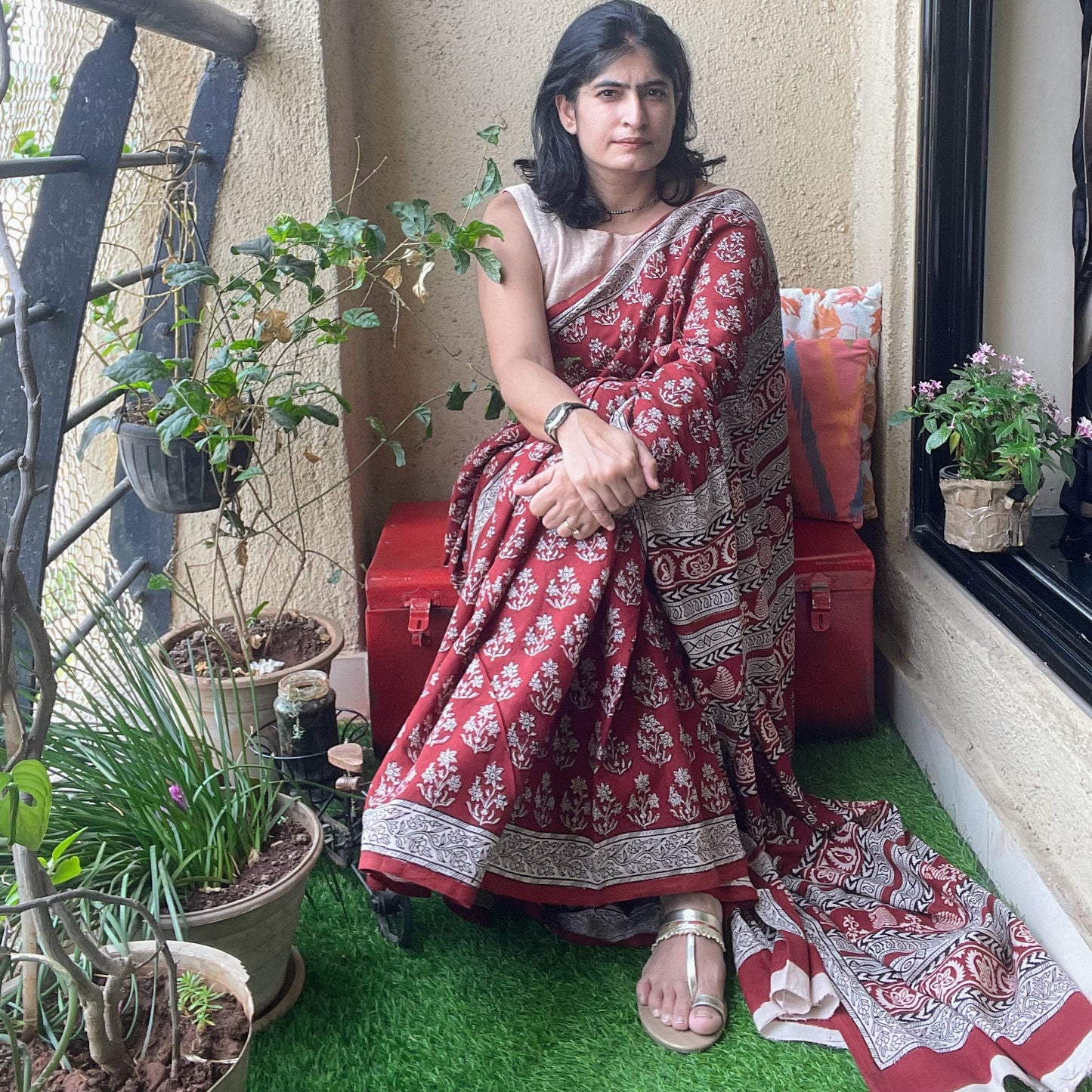 Maroon floral Bagh Print Saree