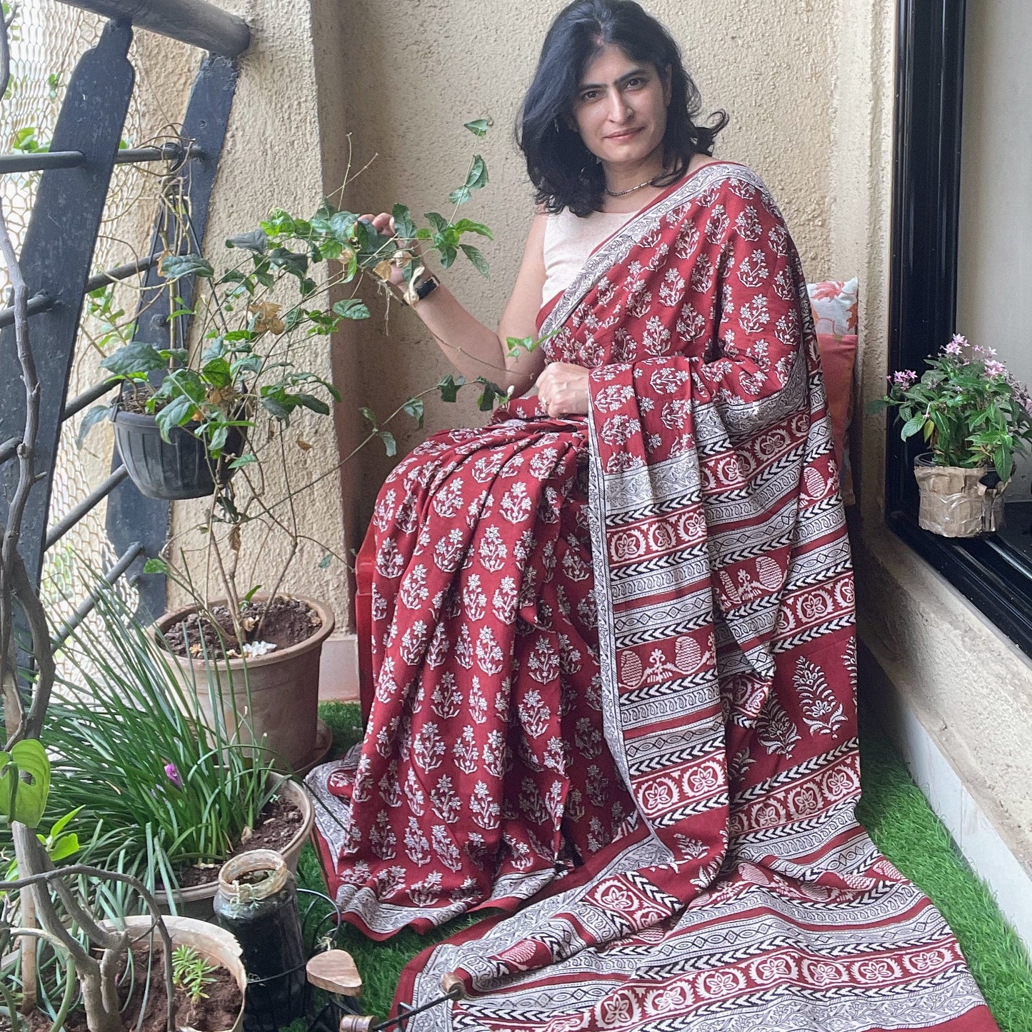 Maroon floral Bagh Print Saree