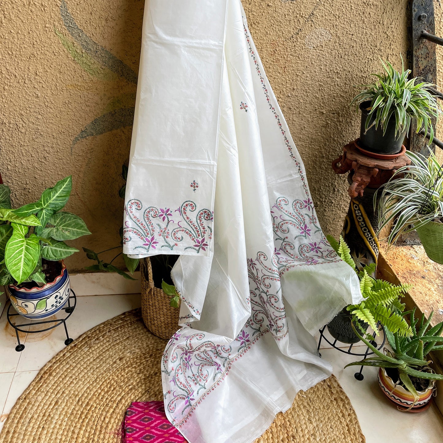 White Silk Sozni with Pink blouse