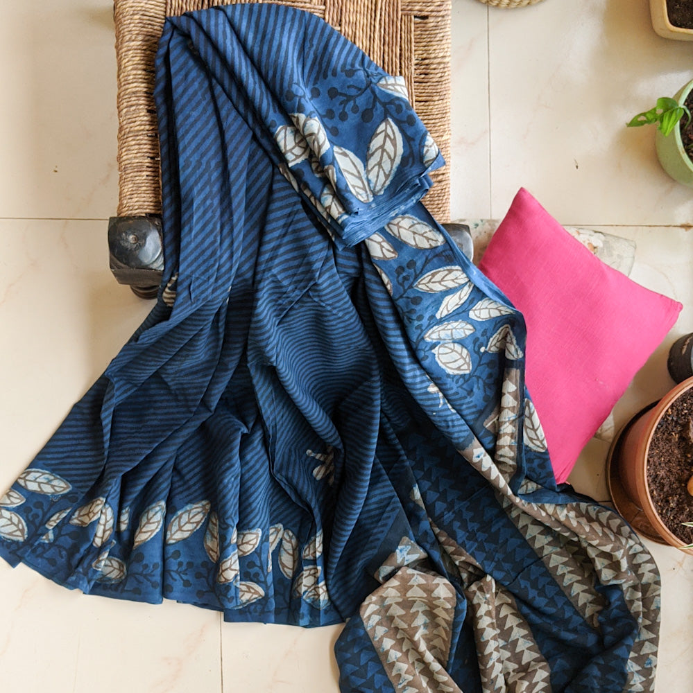 Indigo Blue Cotton Blockprint sari