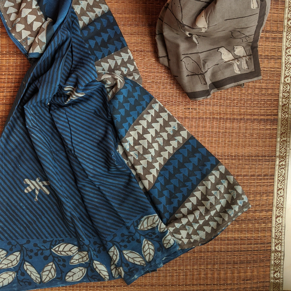 Indigo Blue Cotton Blockprint sari