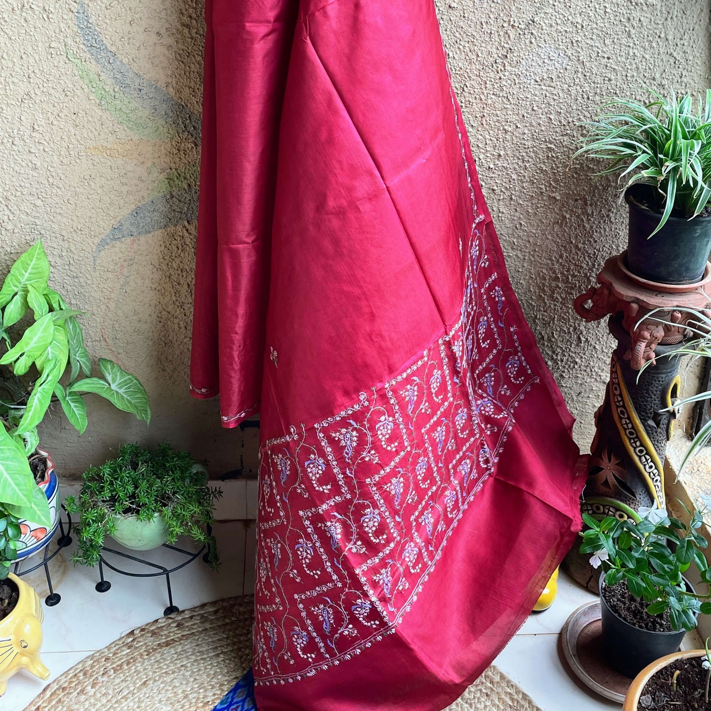 Maroon Silk Sozni Saree from Kashmir