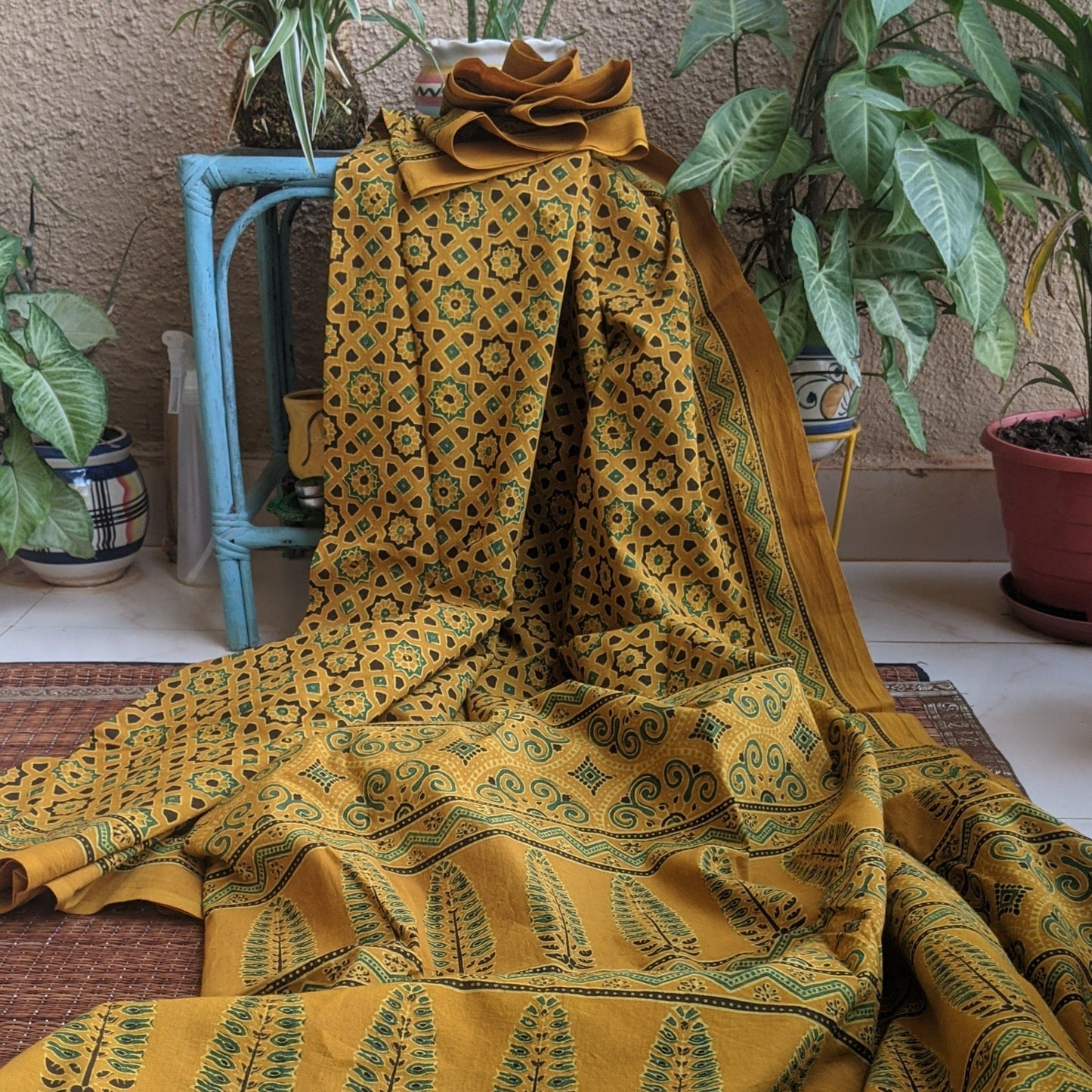 Yellow silk Ajrakh