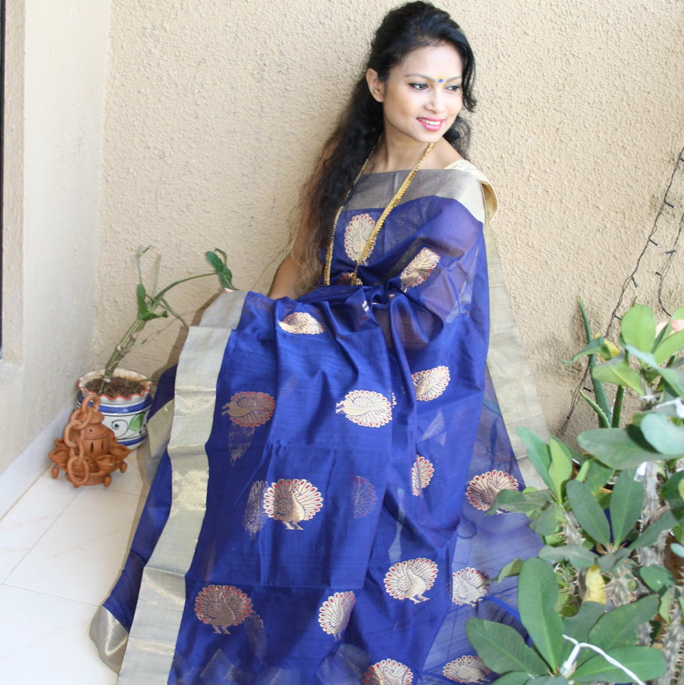 Blue Chanderi Zari saree