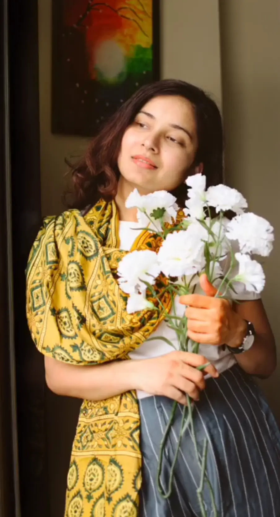 Yellow Ajrakh Stole www.forsarees.com