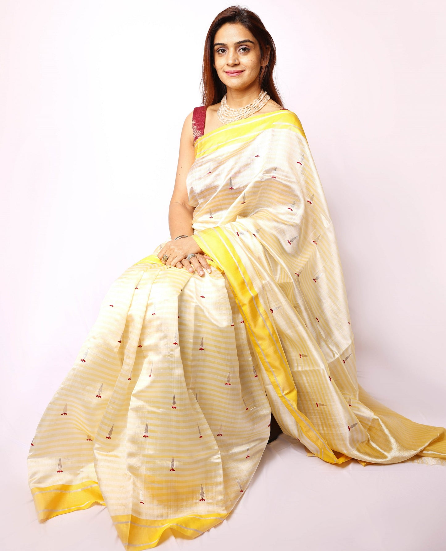 Beige yellow Chanderi Silk Saree