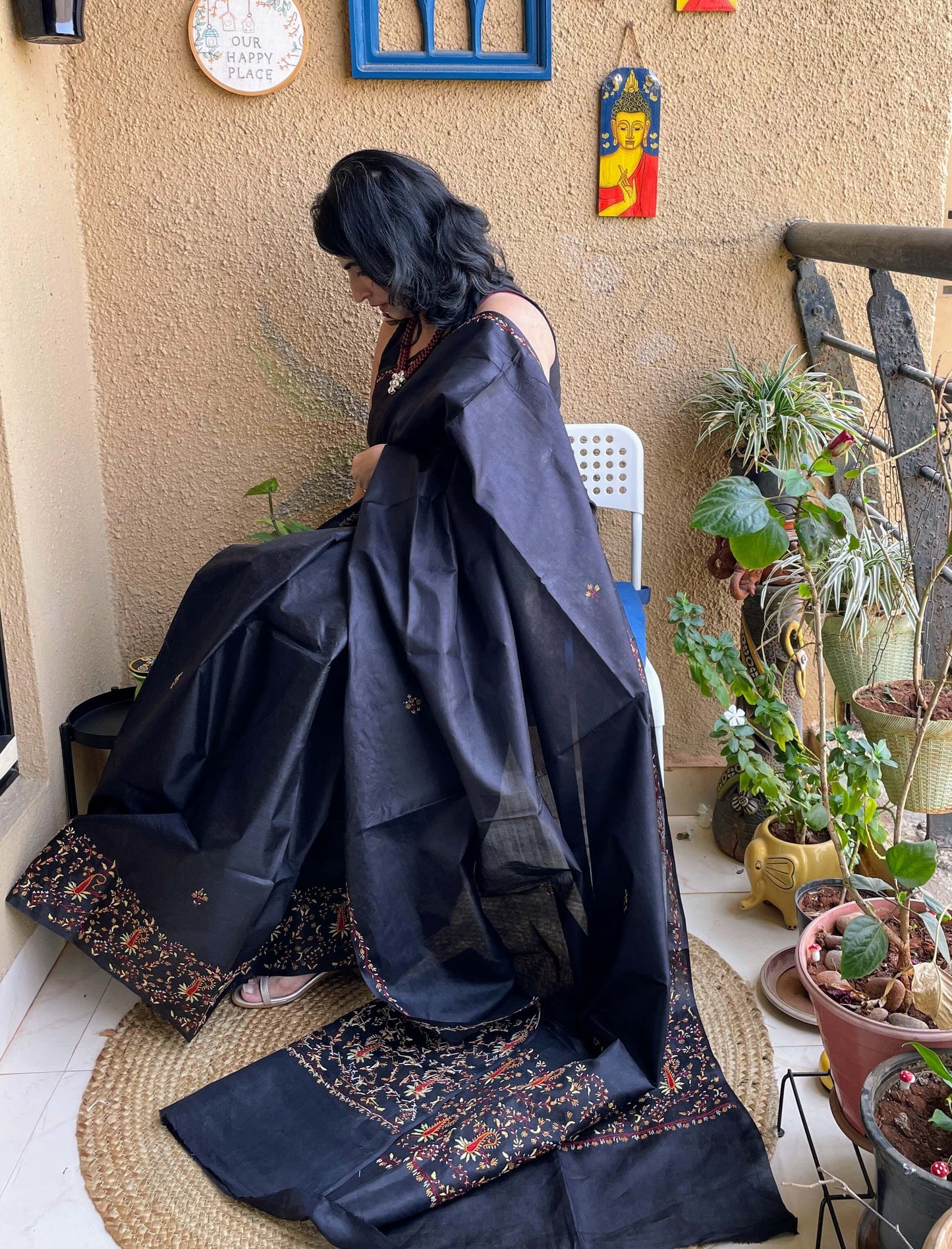 black sozni silk saree