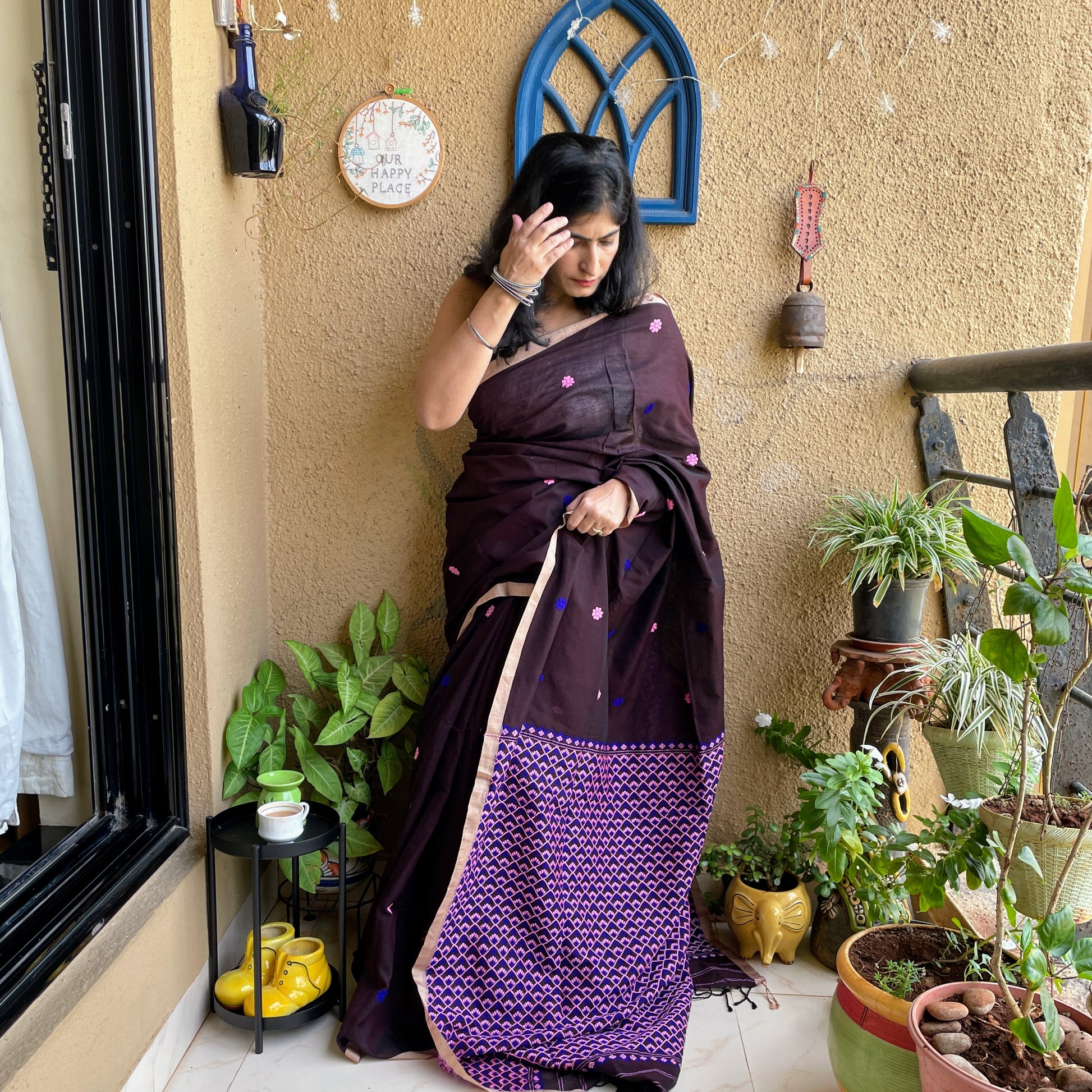 Chocolate Brown assam Cotton Saree