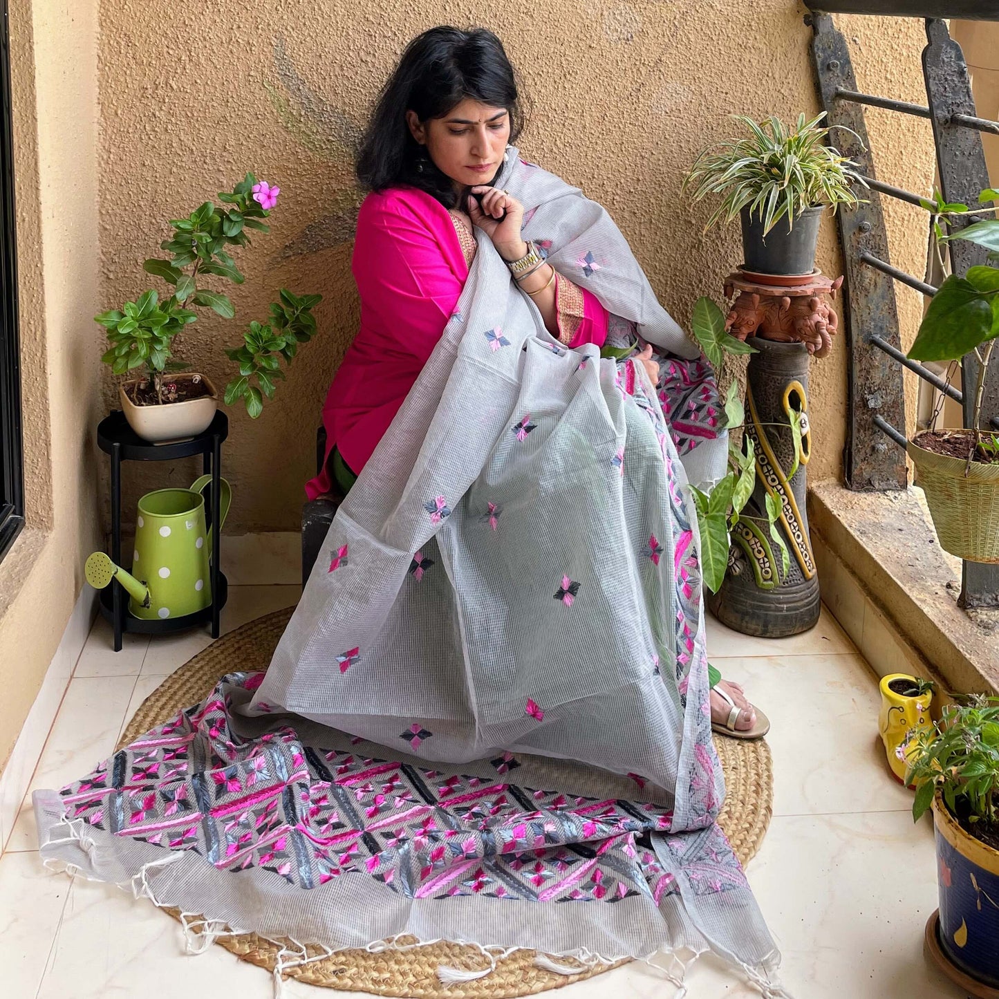 Grey Phulkari embroidery Dupatta