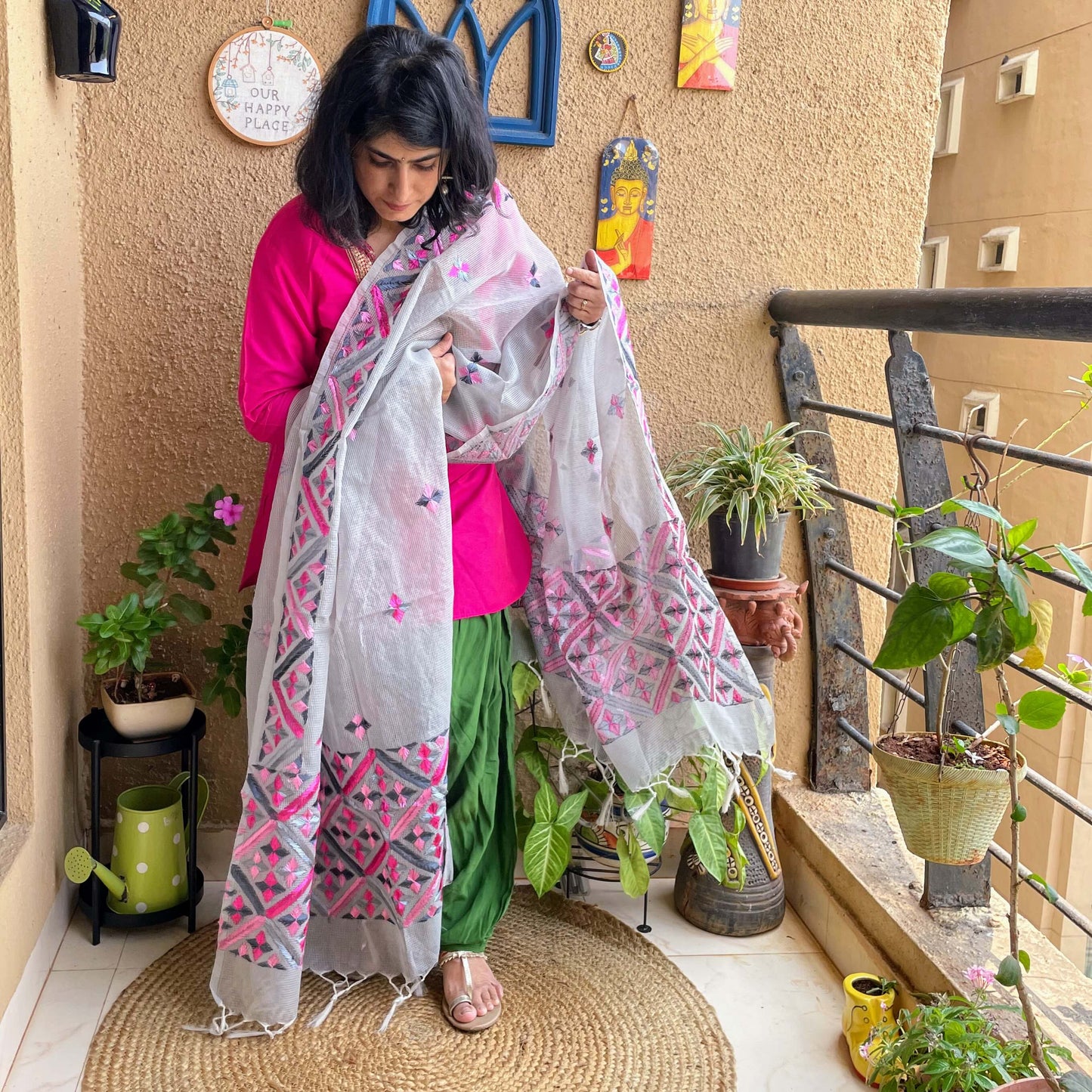 Grey Phulkari embroidery Dupatta