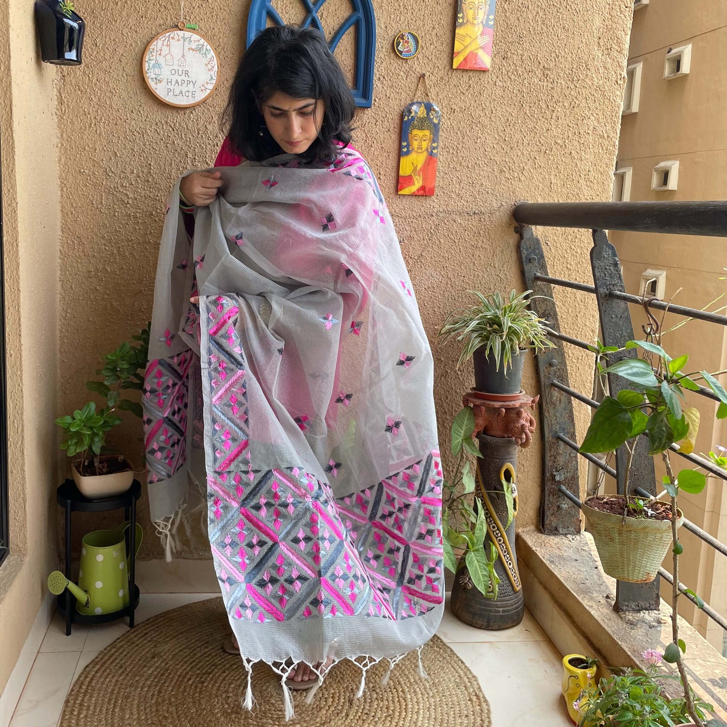 Grey Phulkari embroidery Dupatta