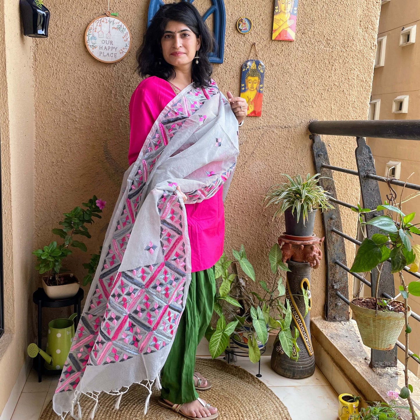 Grey Phulkari embroidery Dupatta
