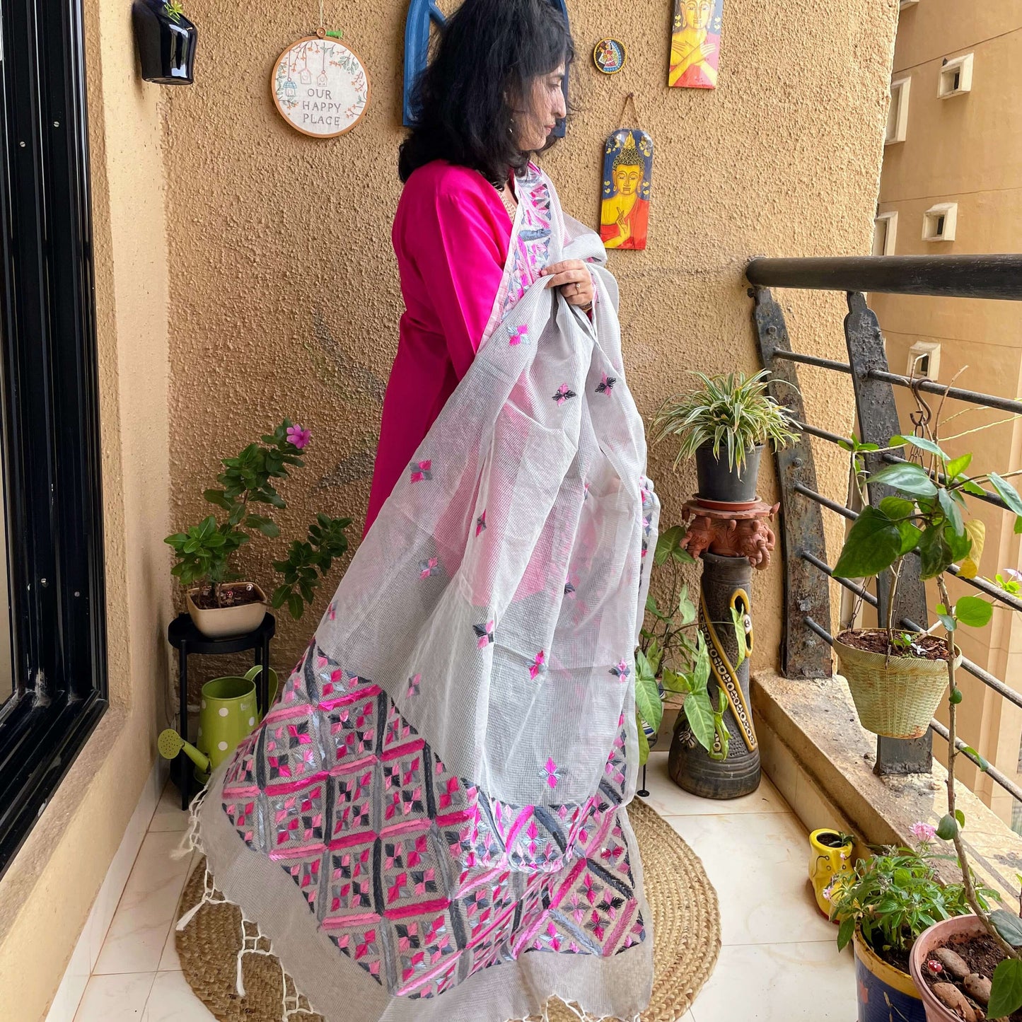 Grey Phulkari embroidery Dupatta